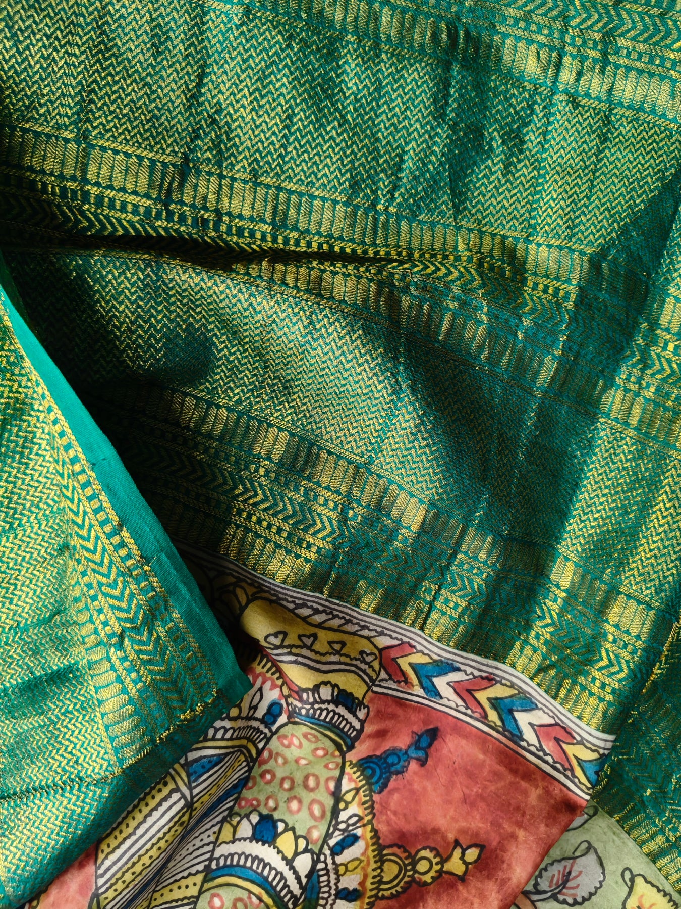 OLIVE GADWAL PATTU SILK PURE HANDLOOM KALAMKARI SAREE