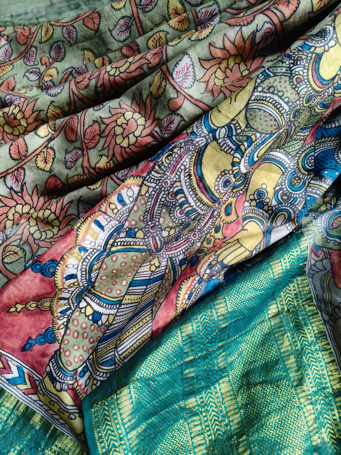 OLIVE GADWAL PATTU SILK PURE HANDLOOM KALAMKARI SAREE