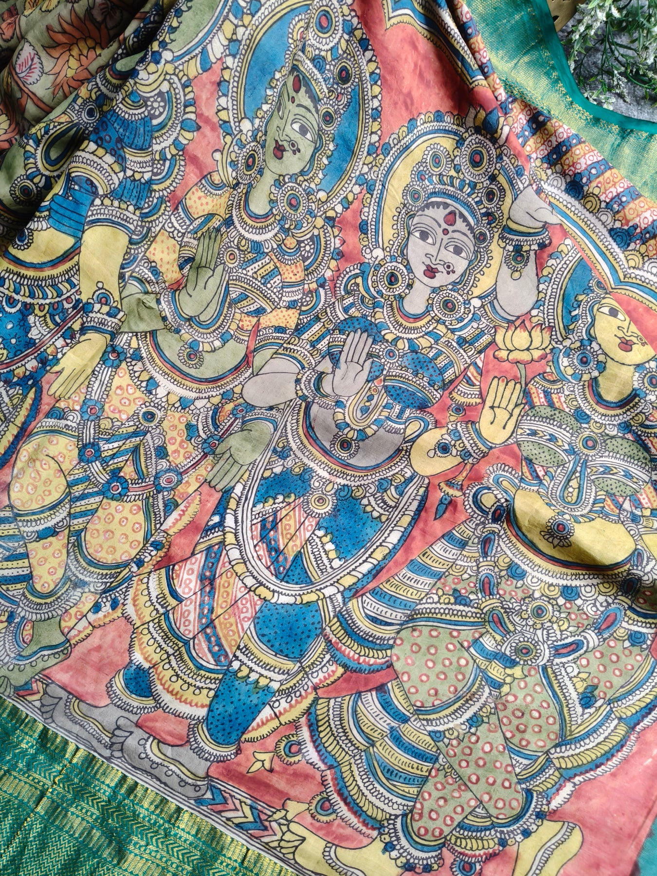 OLIVE GADWAL PATTU SILK PURE HANDLOOM KALAMKARI SAREE