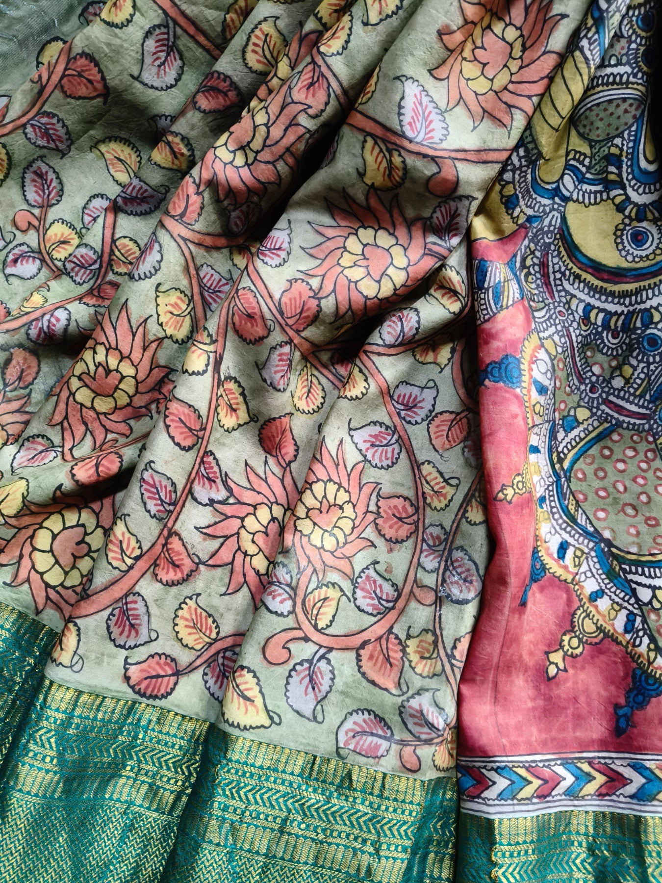 OLIVE GADWAL PATTU SILK PURE HANDLOOM KALAMKARI SAREE