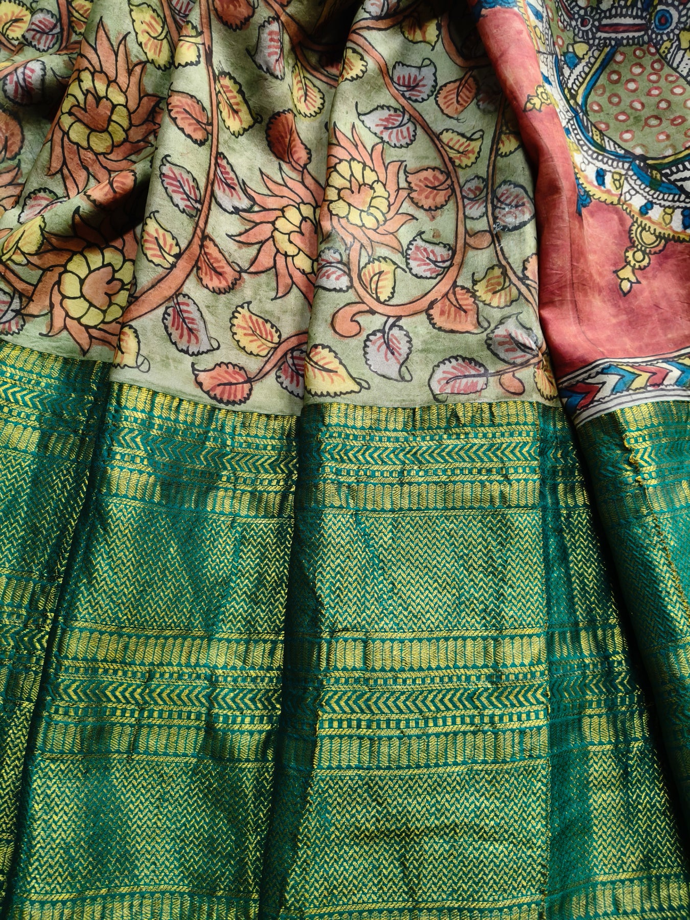 OLIVE GADWAL PATTU SILK PURE HANDLOOM KALAMKARI SAREE