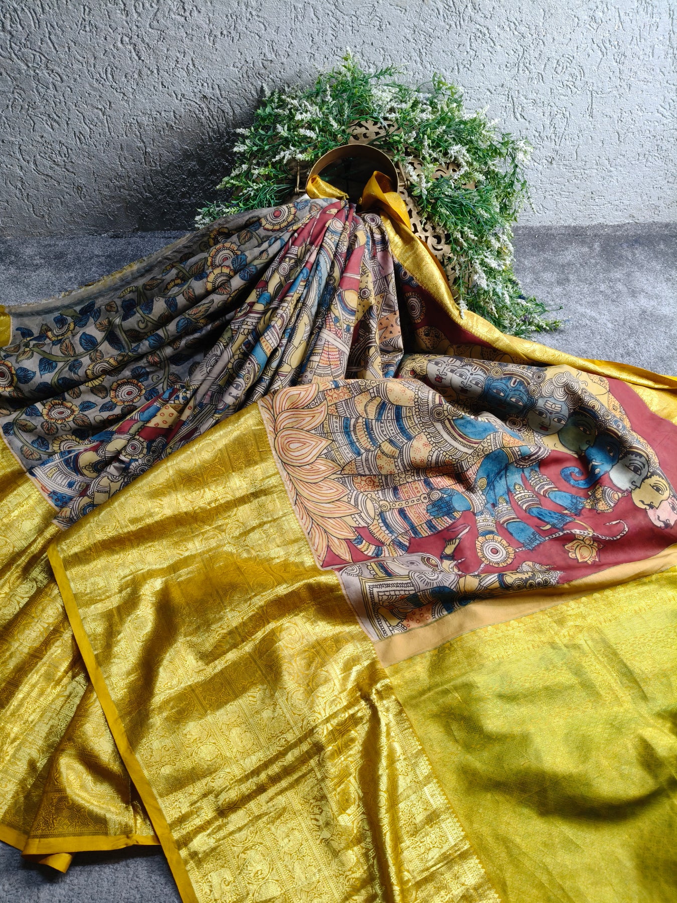 GREY KANCHI PATTU SILK PURE HANDLOOM KALAMKARI SAREE