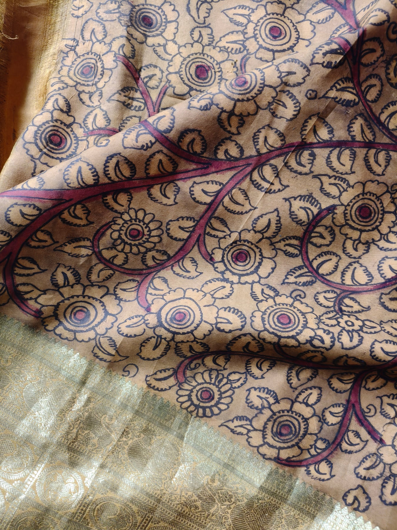 GREY KANCHI PATTU SILK PURE HANDLOOM KALAMKARI SAREE