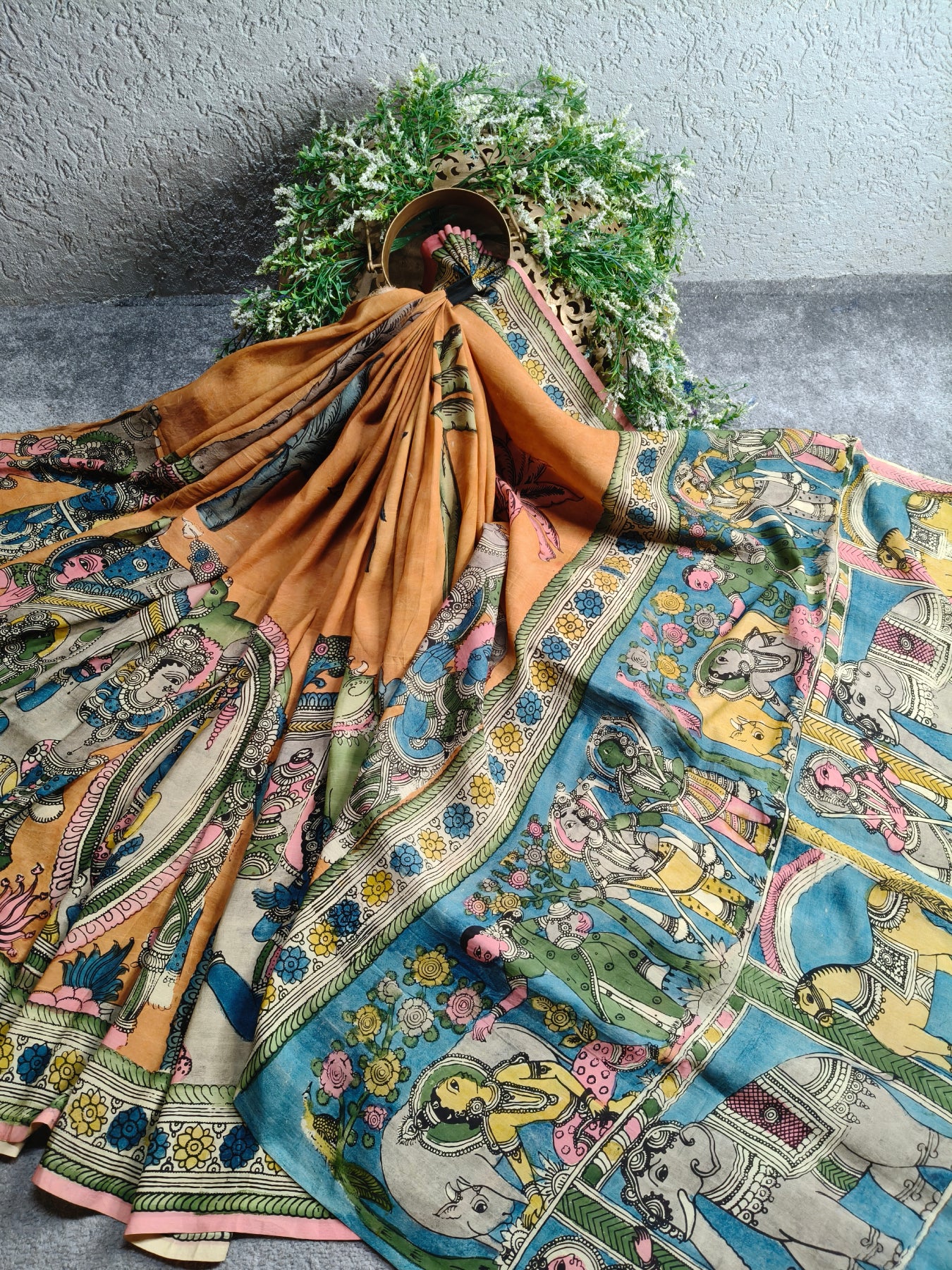 ORANGE SICO PURE HANDLOOM KALAMKARI SAREE
