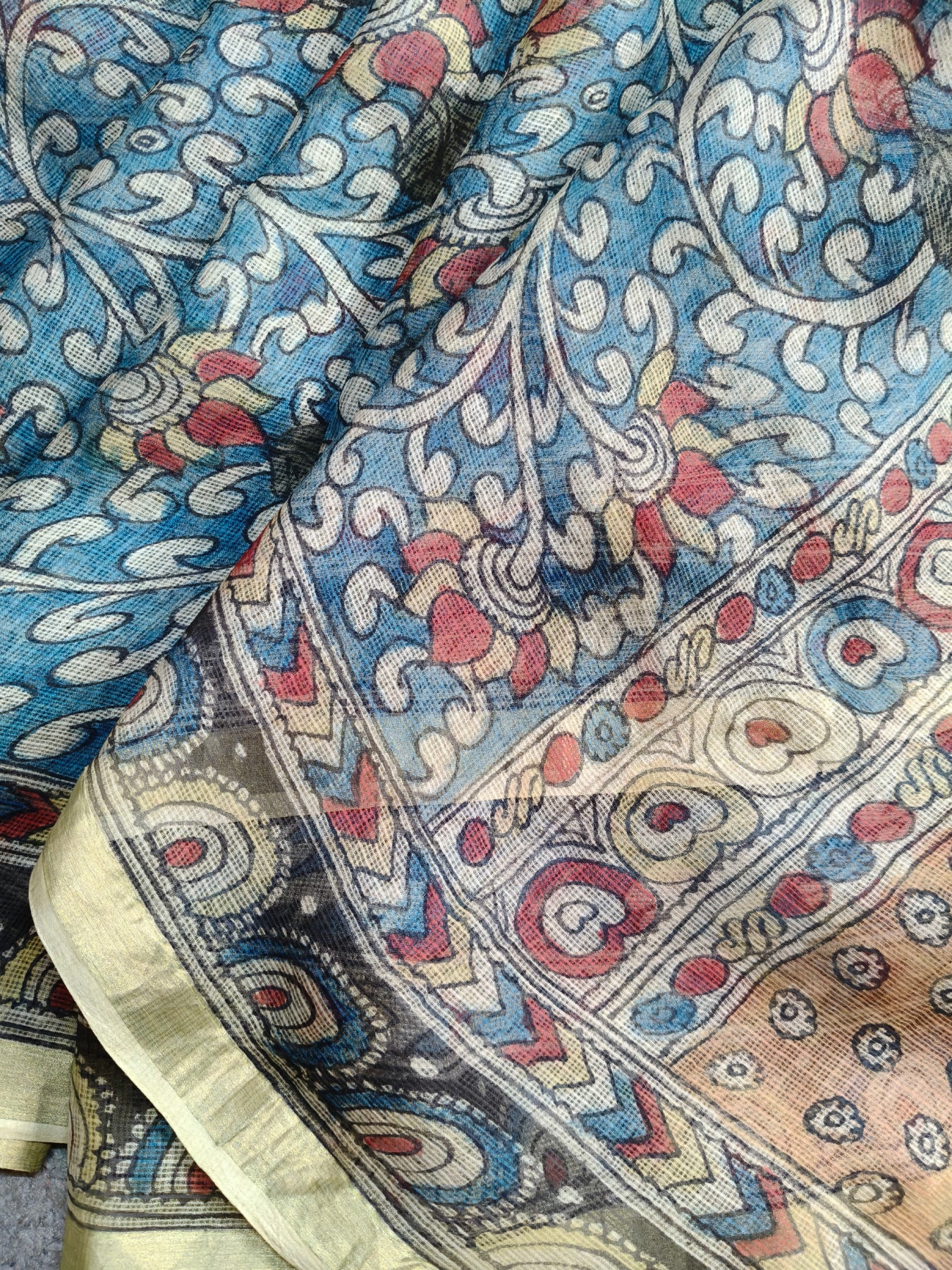 BLUE KOTA SILK PURE HANDLOOM KALAMKARI SAREE