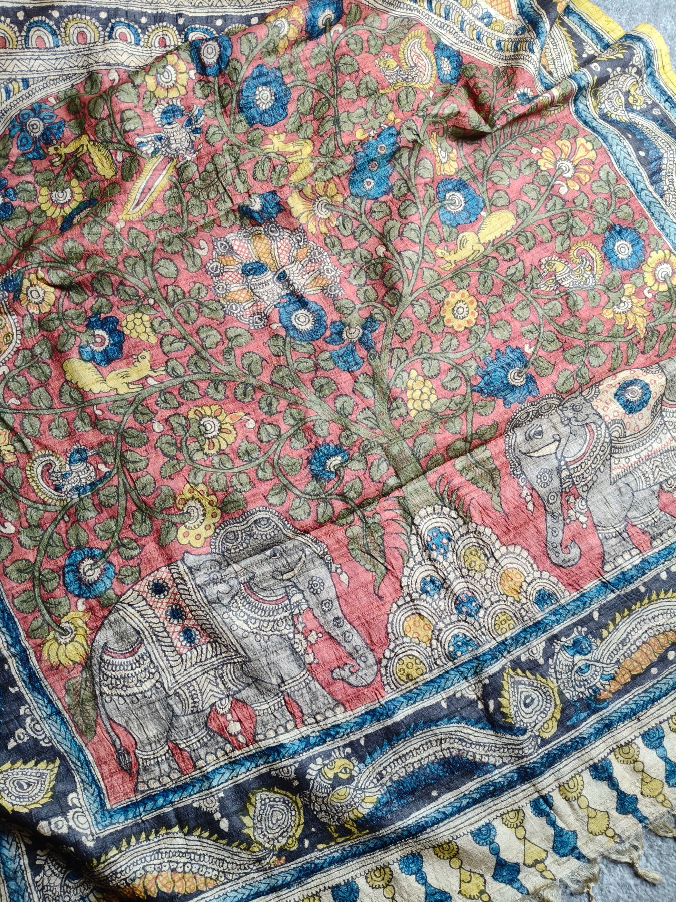 CREAM TUSSAR SILK PURE HANDLOOM KALAMKARI SAREE