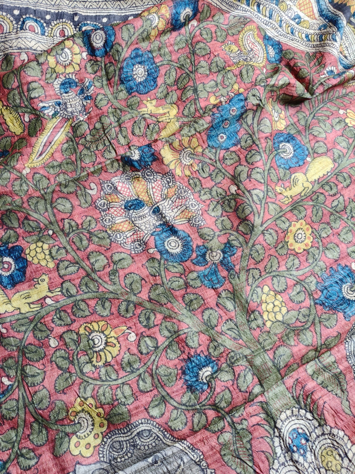 CREAM TUSSAR SILK PURE HANDLOOM KALAMKARI SAREE