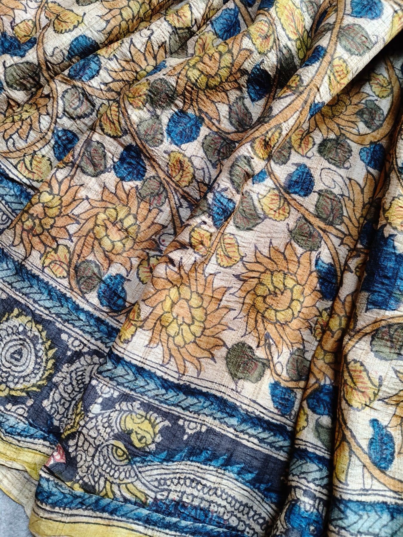 CREAM TUSSAR SILK PURE HANDLOOM KALAMKARI SAREE