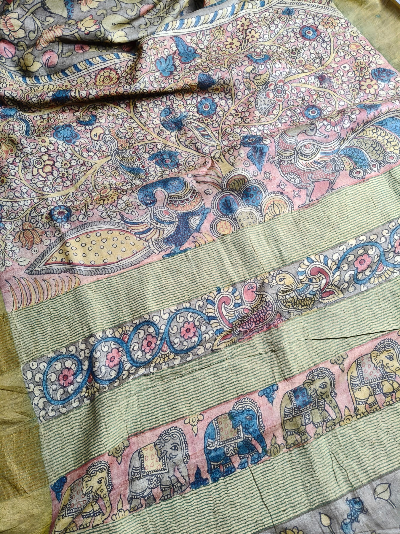 GREY TUSSAR SILK PURE HANDLOOM KALAMKARI SAREE