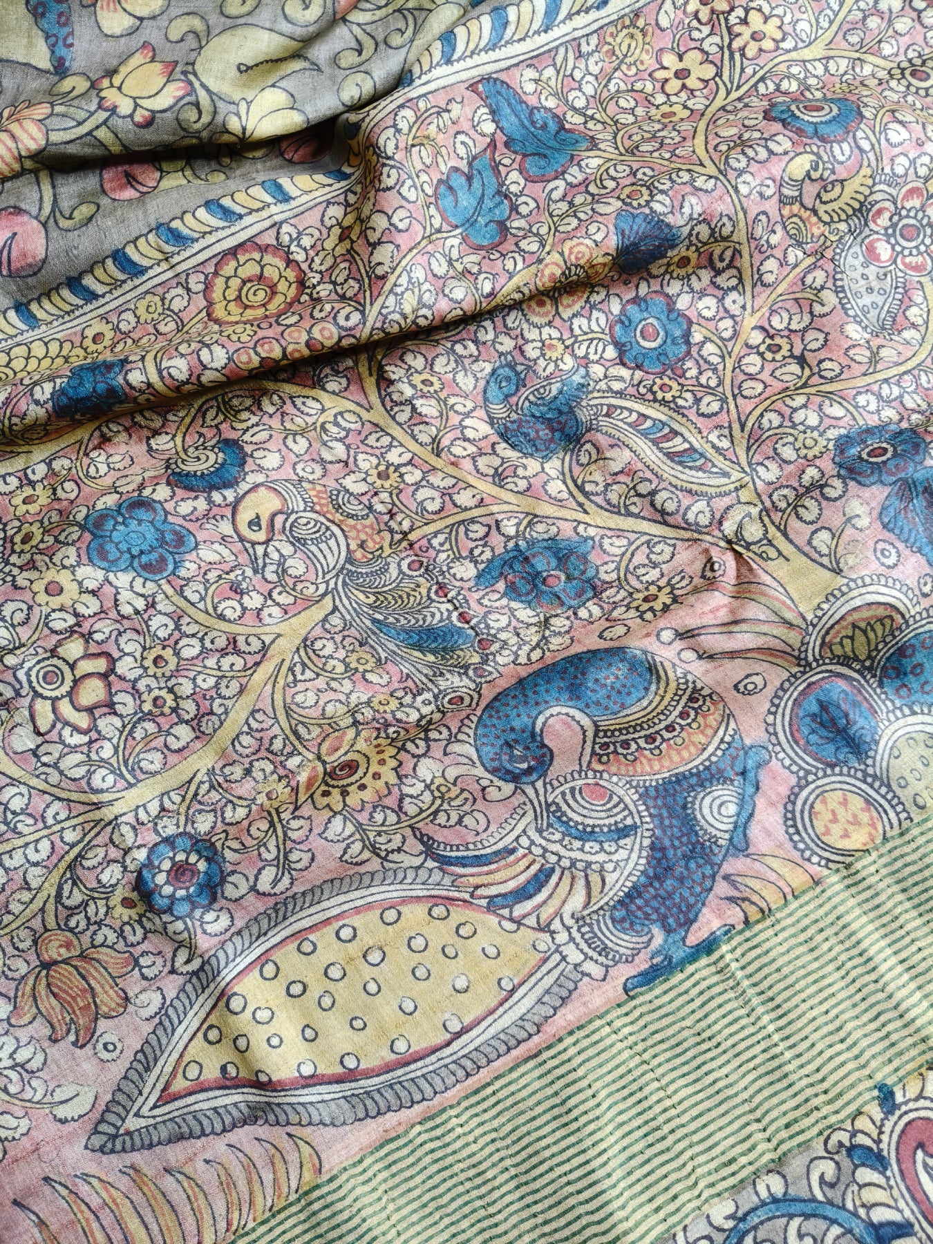 GREY TUSSAR SILK PURE HANDLOOM KALAMKARI SAREE