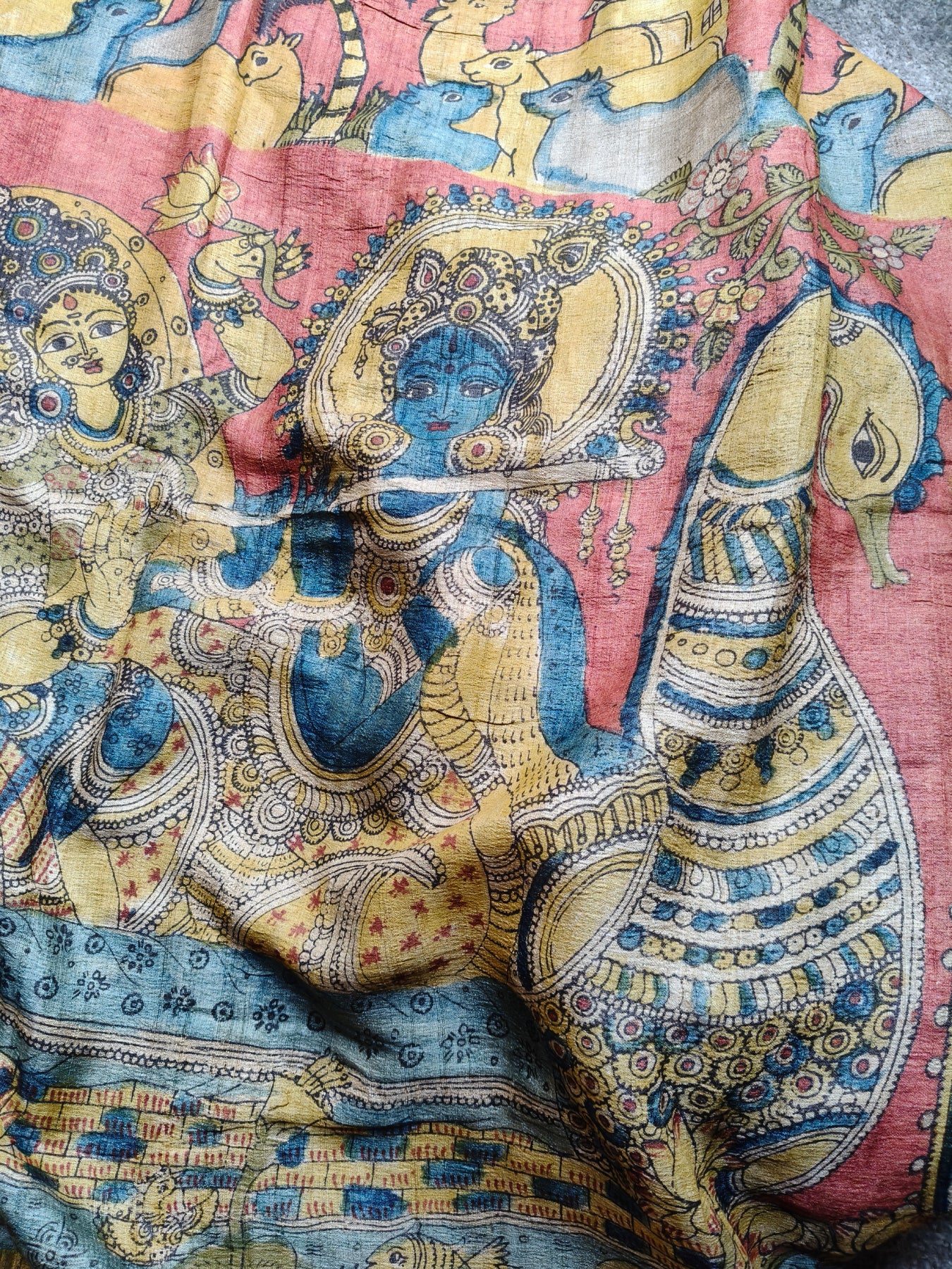 RED TUSSAR SILK PURE HANDLOOM KALAMKARI SAREE