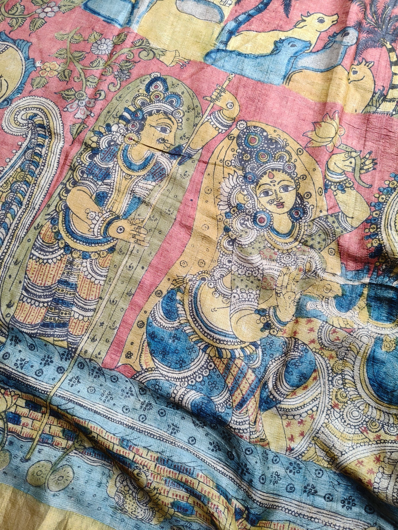 RED TUSSAR SILK PURE HANDLOOM KALAMKARI SAREE