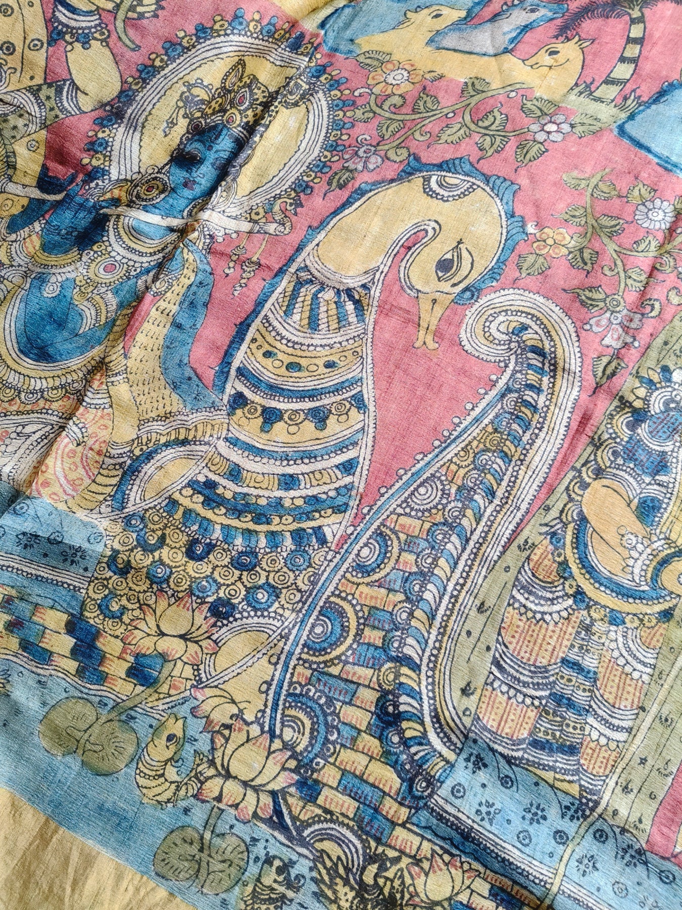 RED TUSSAR SILK PURE HANDLOOM KALAMKARI SAREE