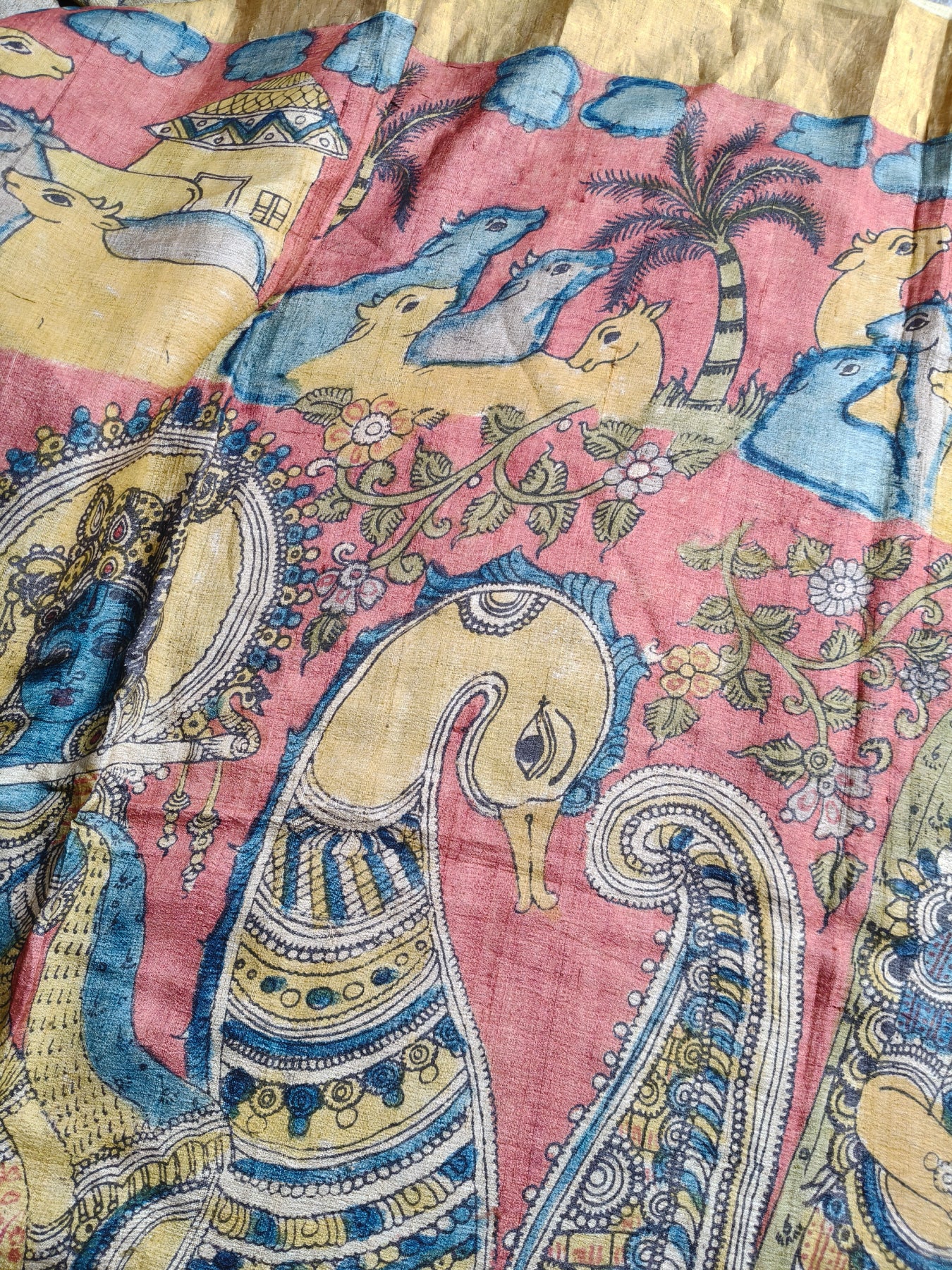 RED TUSSAR SILK PURE HANDLOOM KALAMKARI SAREE