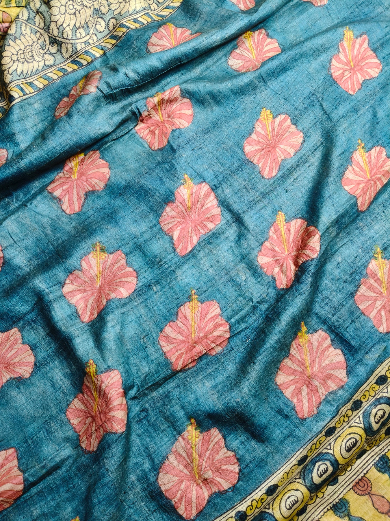 YELLOW TUSSAR SILK PURE HANDLOOM KALAMKARI SAREE