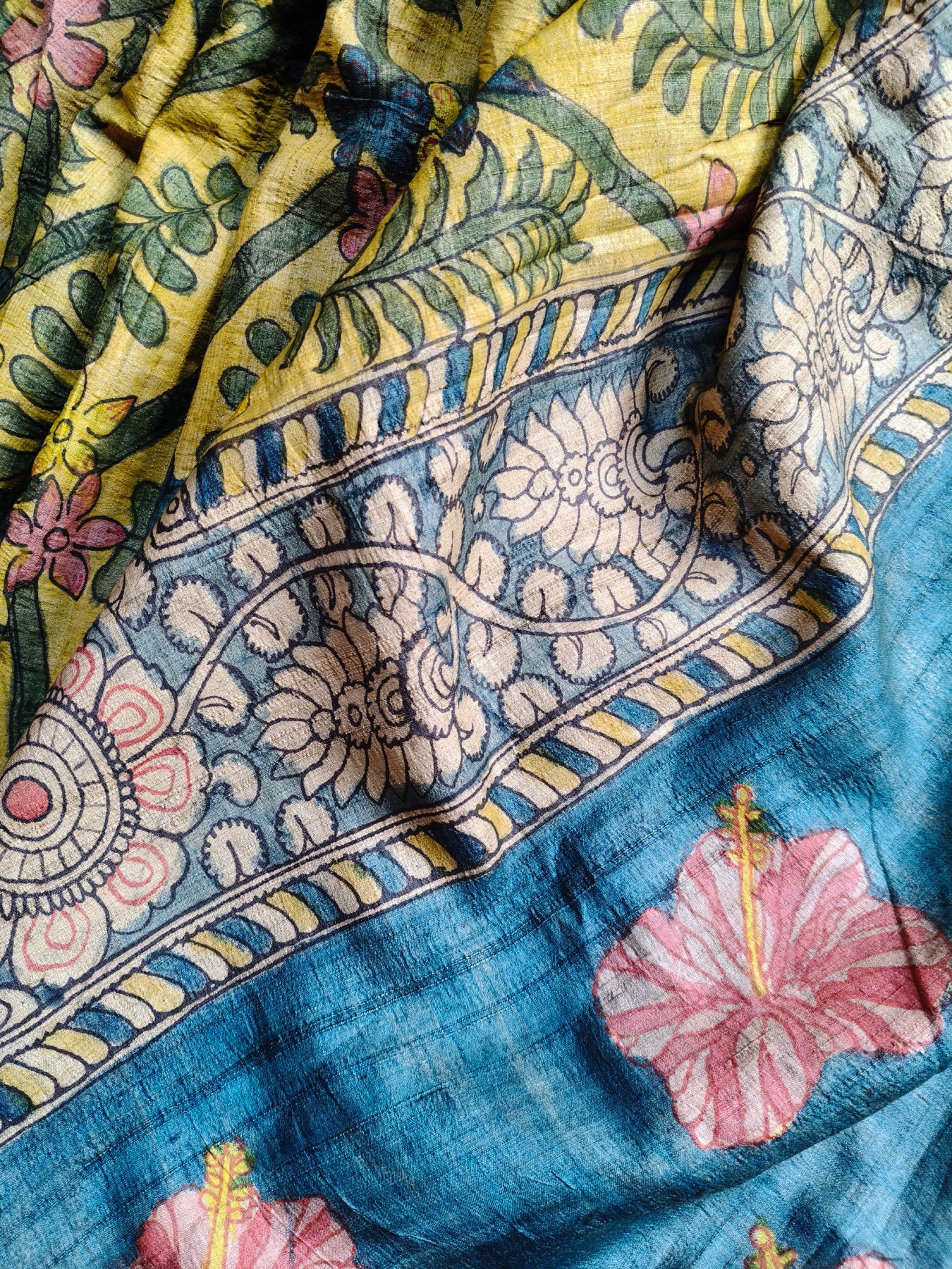 YELLOW TUSSAR SILK PURE HANDLOOM KALAMKARI SAREE