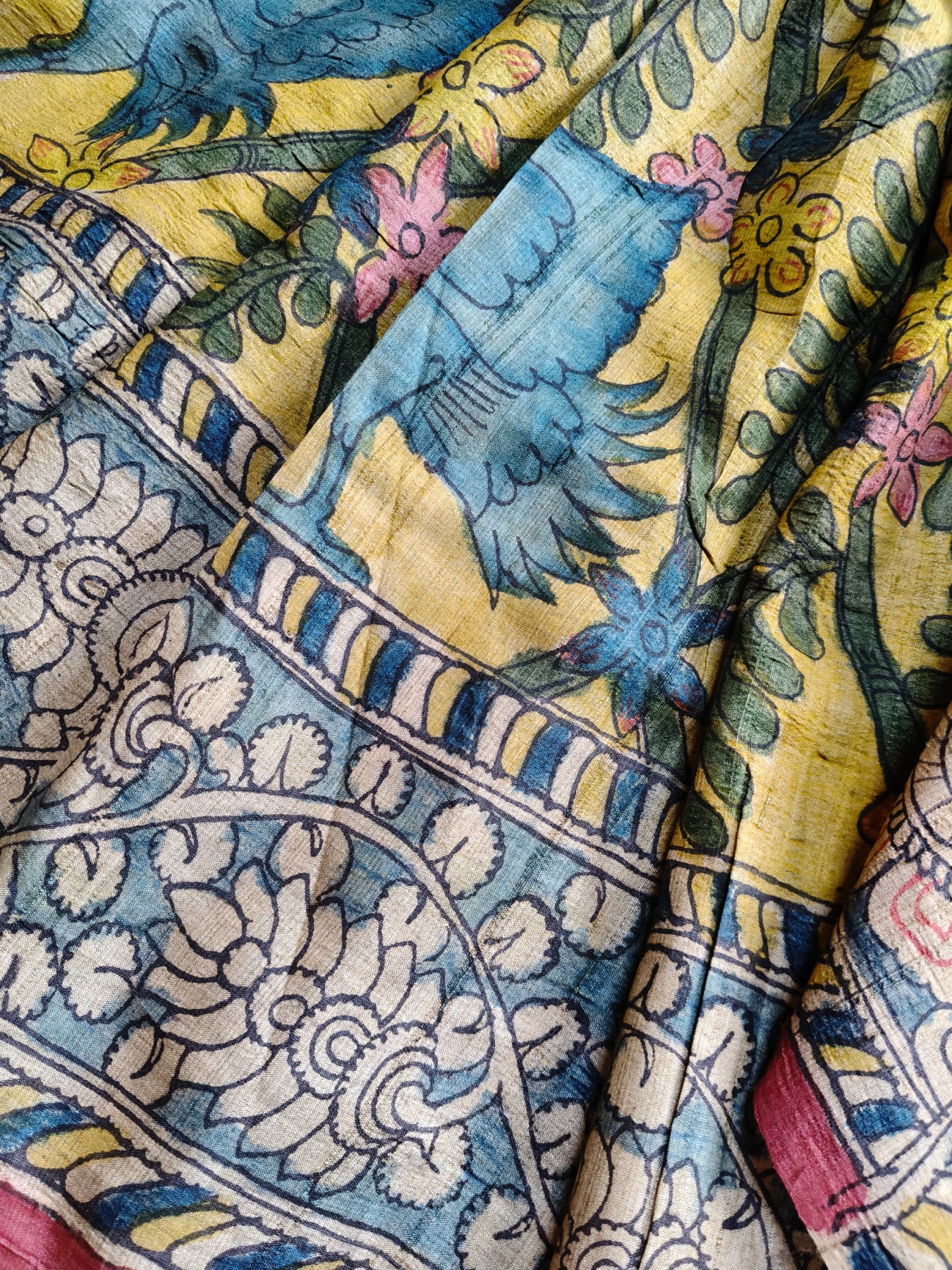 YELLOW TUSSAR SILK PURE HANDLOOM KALAMKARI SAREE