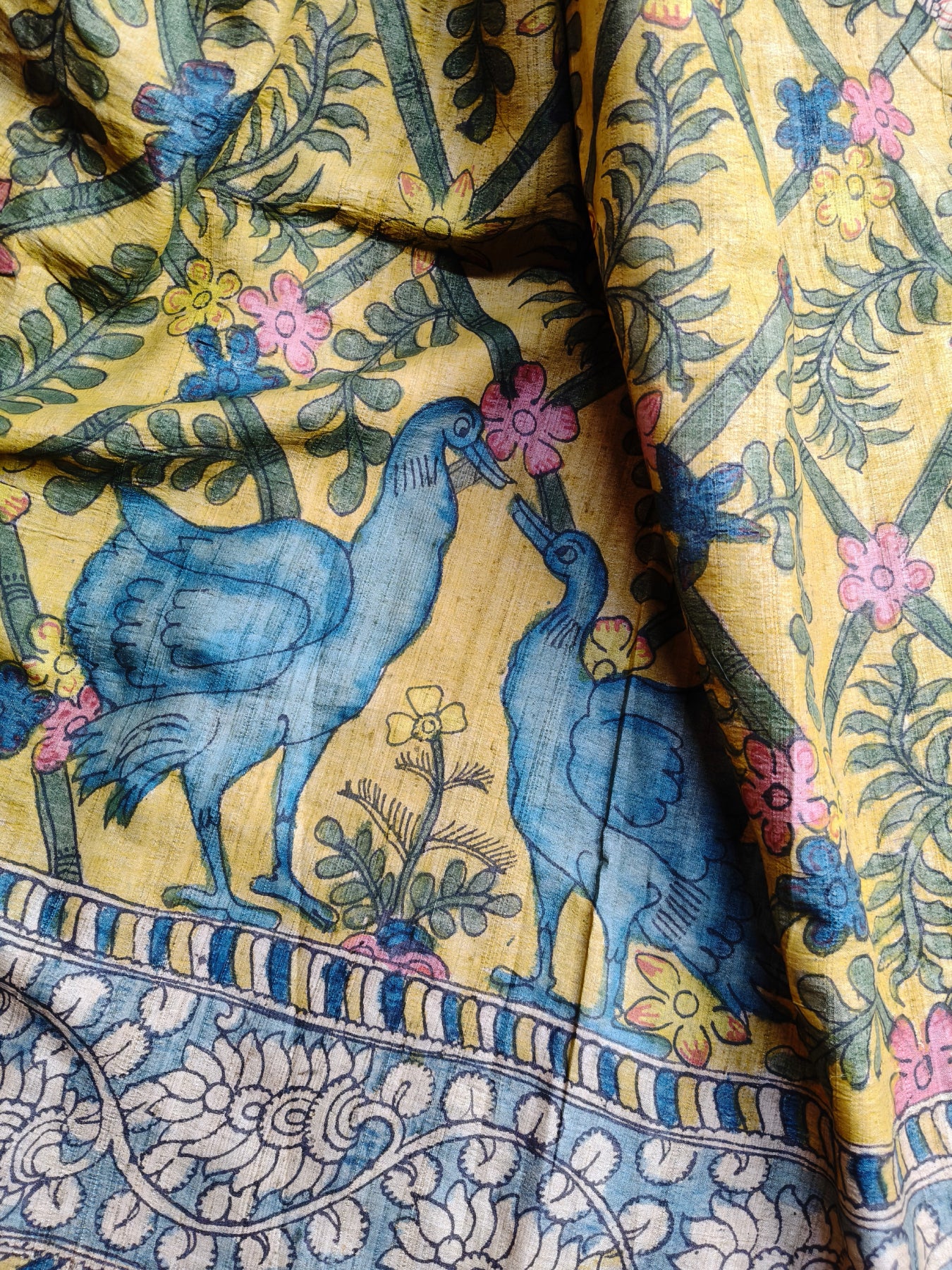 YELLOW TUSSAR SILK PURE HANDLOOM KALAMKARI SAREE