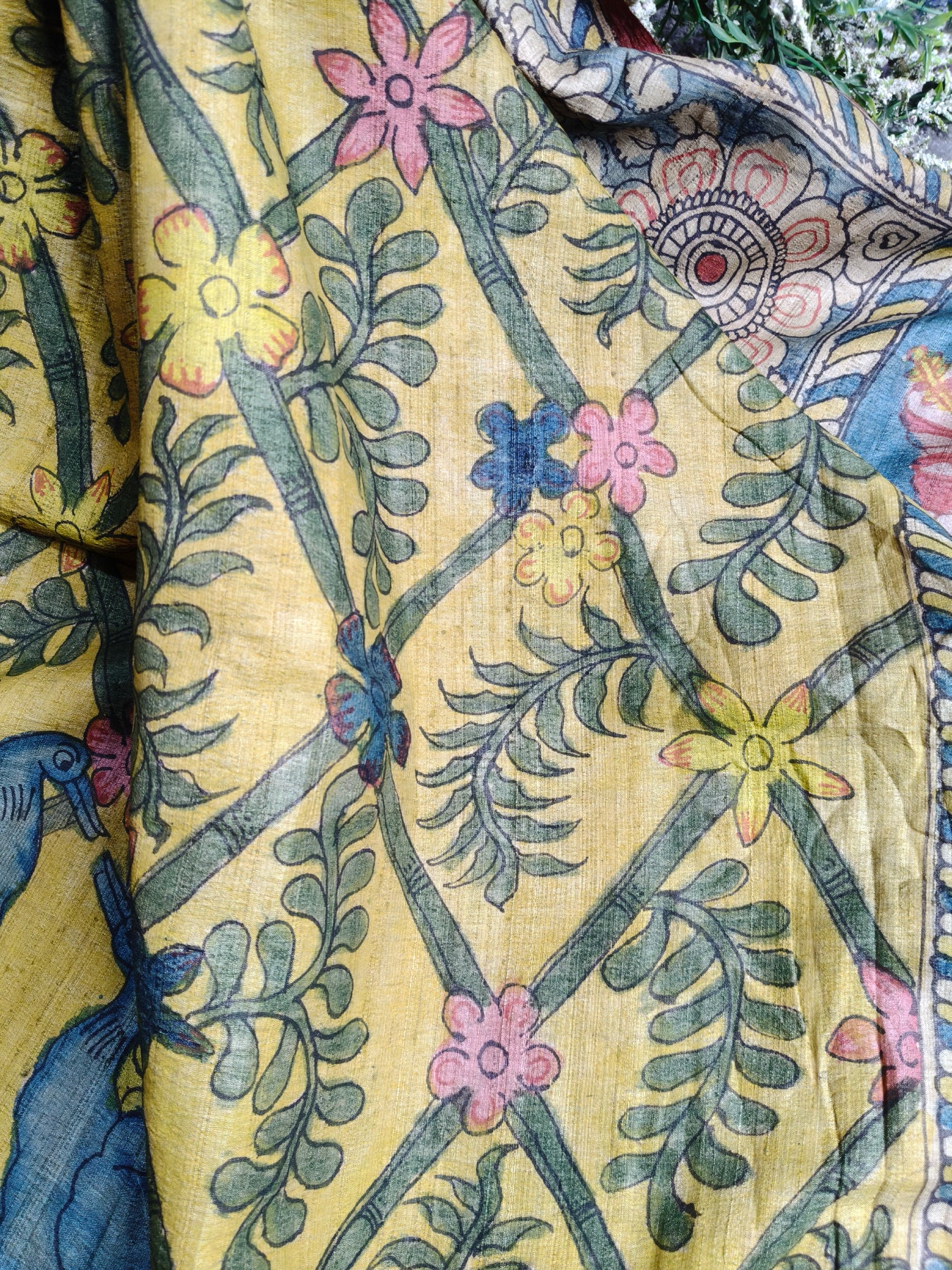 YELLOW TUSSAR SILK PURE HANDLOOM KALAMKARI SAREE