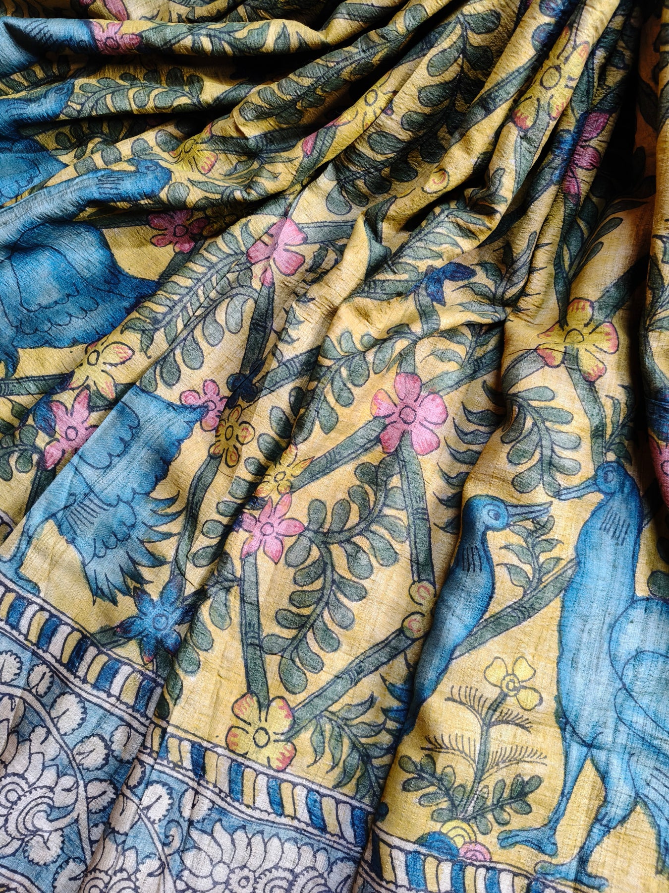YELLOW TUSSAR SILK PURE HANDLOOM KALAMKARI SAREE
