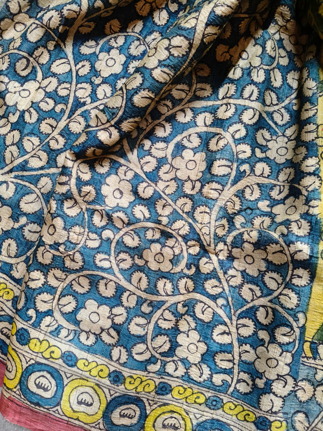 YELLOW TUSSAR SILK PURE HANDLOOM KALAMKARI SAREE