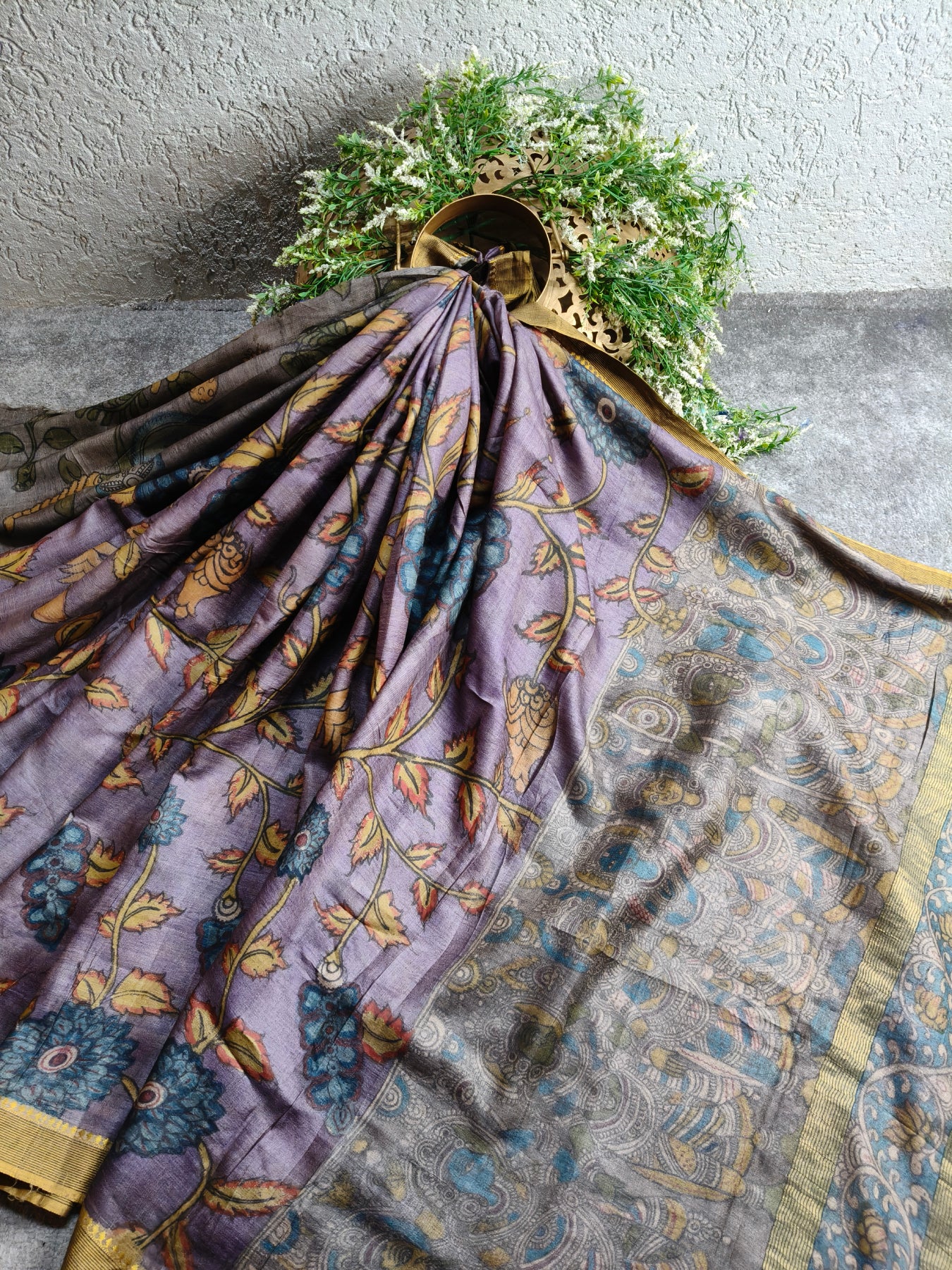 VIOLET TUSSAR SILK PURE HANDLOOM KALAMKARI SAREE