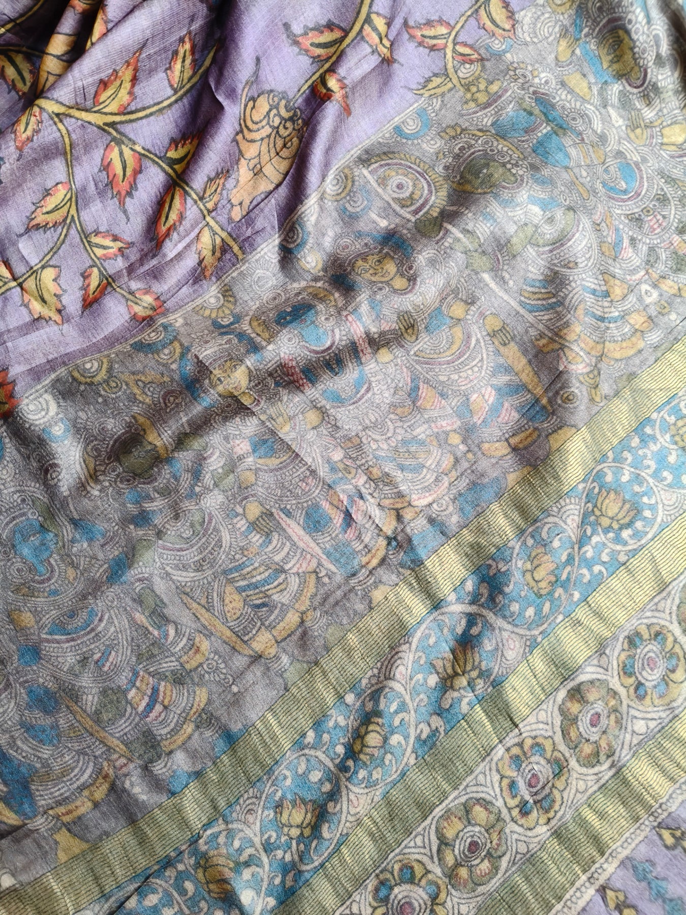 VIOLET TUSSAR SILK PURE HANDLOOM KALAMKARI SAREE