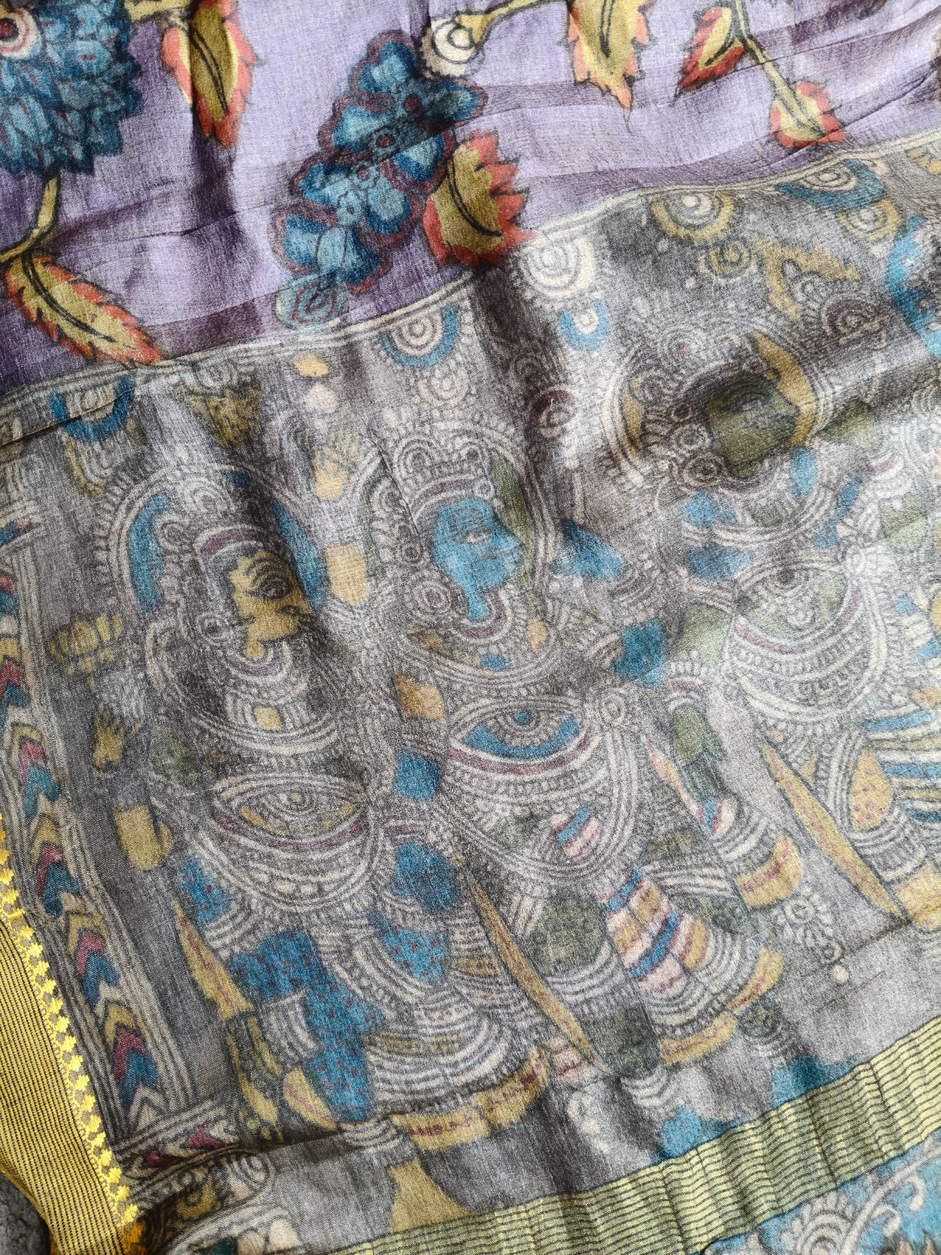 VIOLET TUSSAR SILK PURE HANDLOOM KALAMKARI SAREE