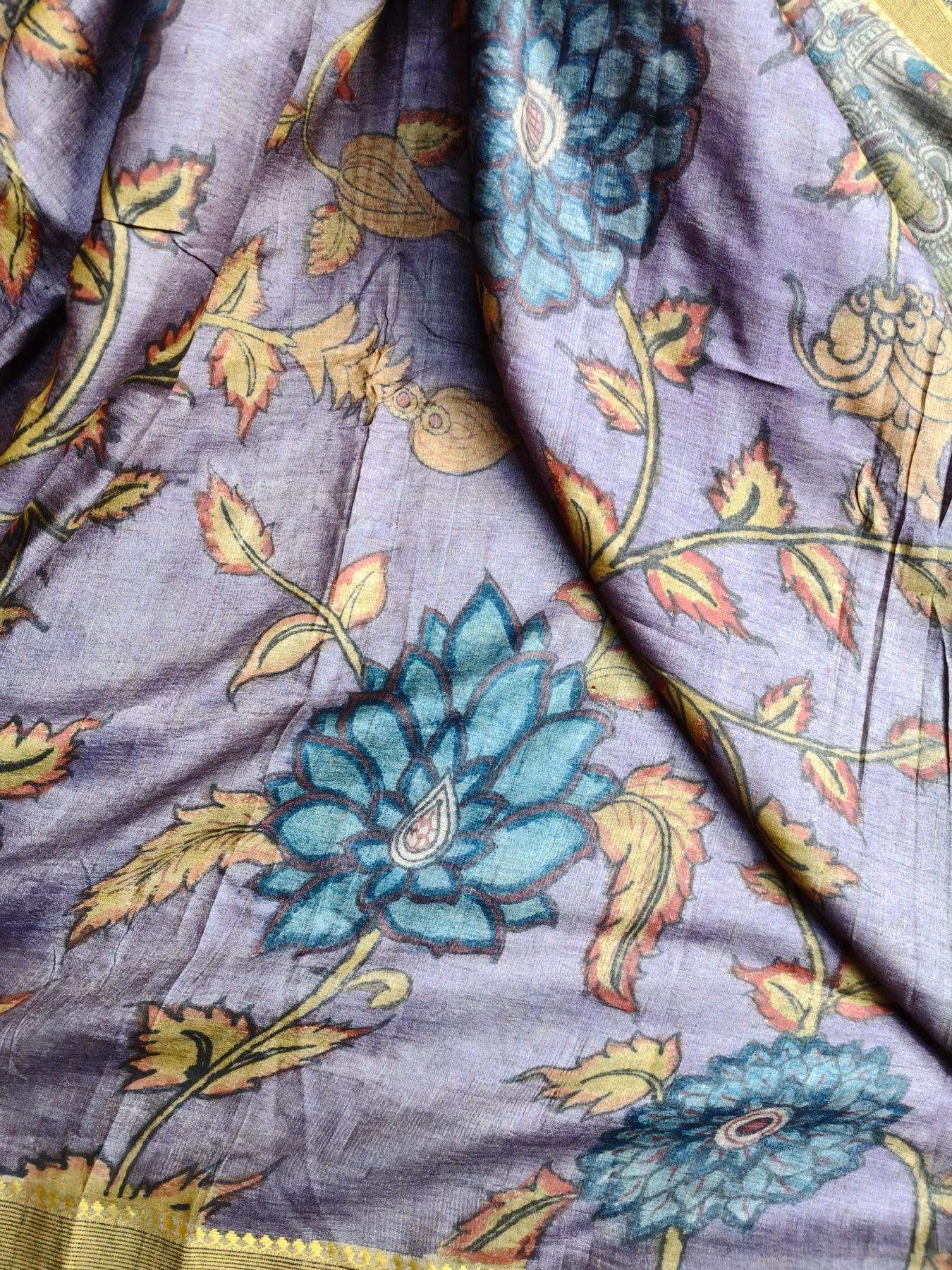 VIOLET TUSSAR SILK PURE HANDLOOM KALAMKARI SAREE