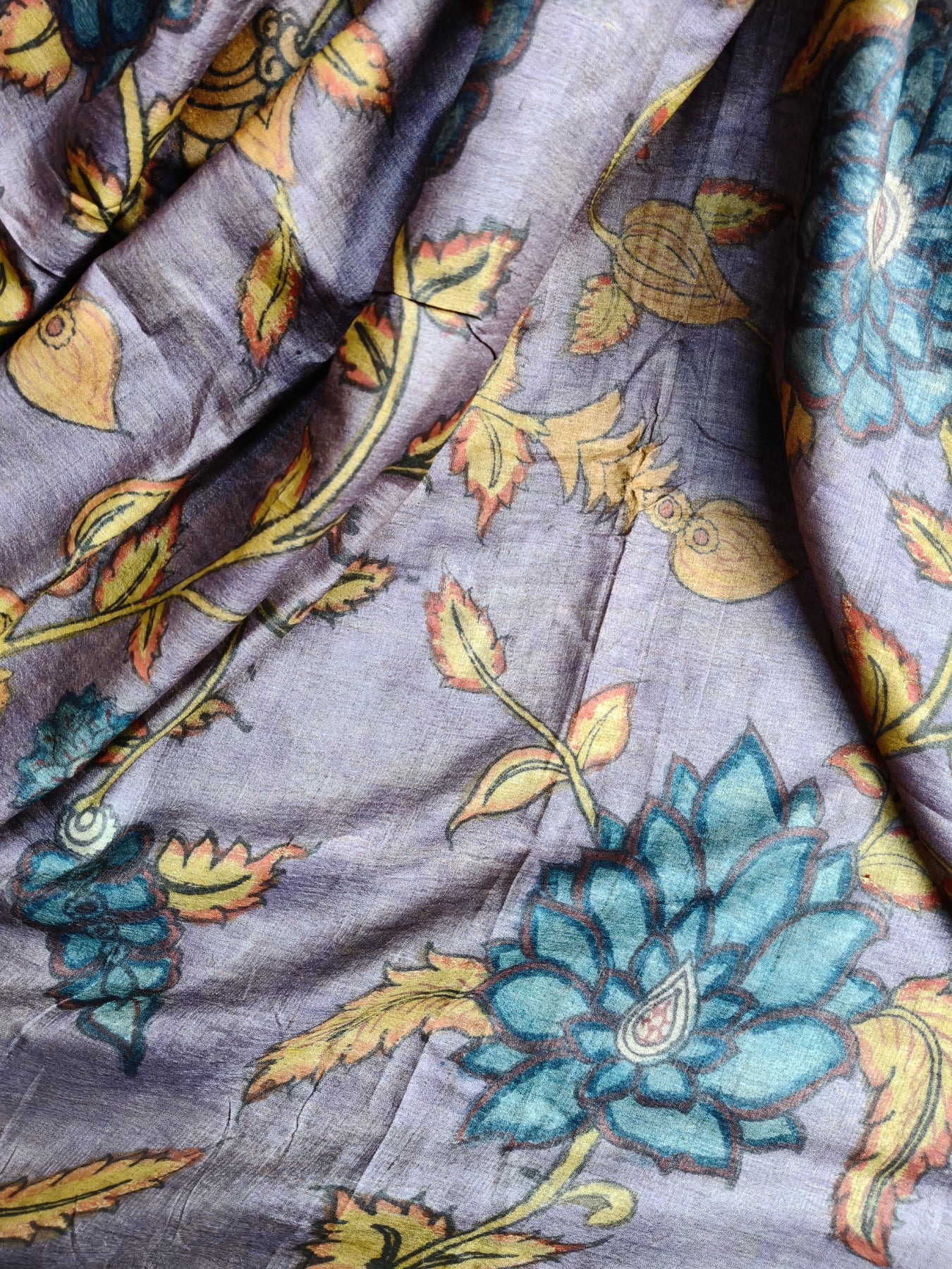 VIOLET TUSSAR SILK PURE HANDLOOM KALAMKARI SAREE