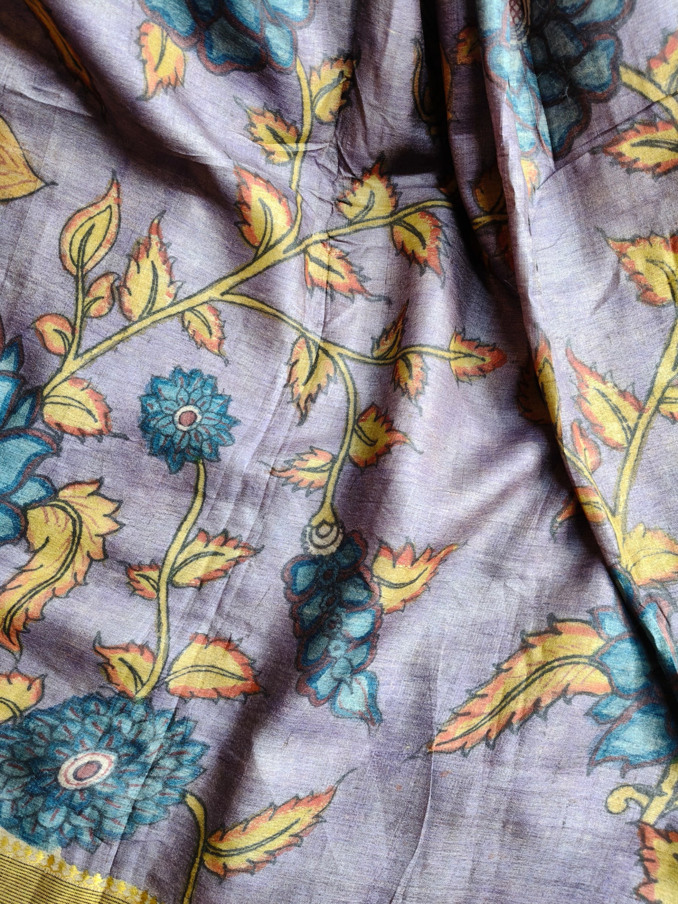 VIOLET TUSSAR SILK PURE HANDLOOM KALAMKARI SAREE