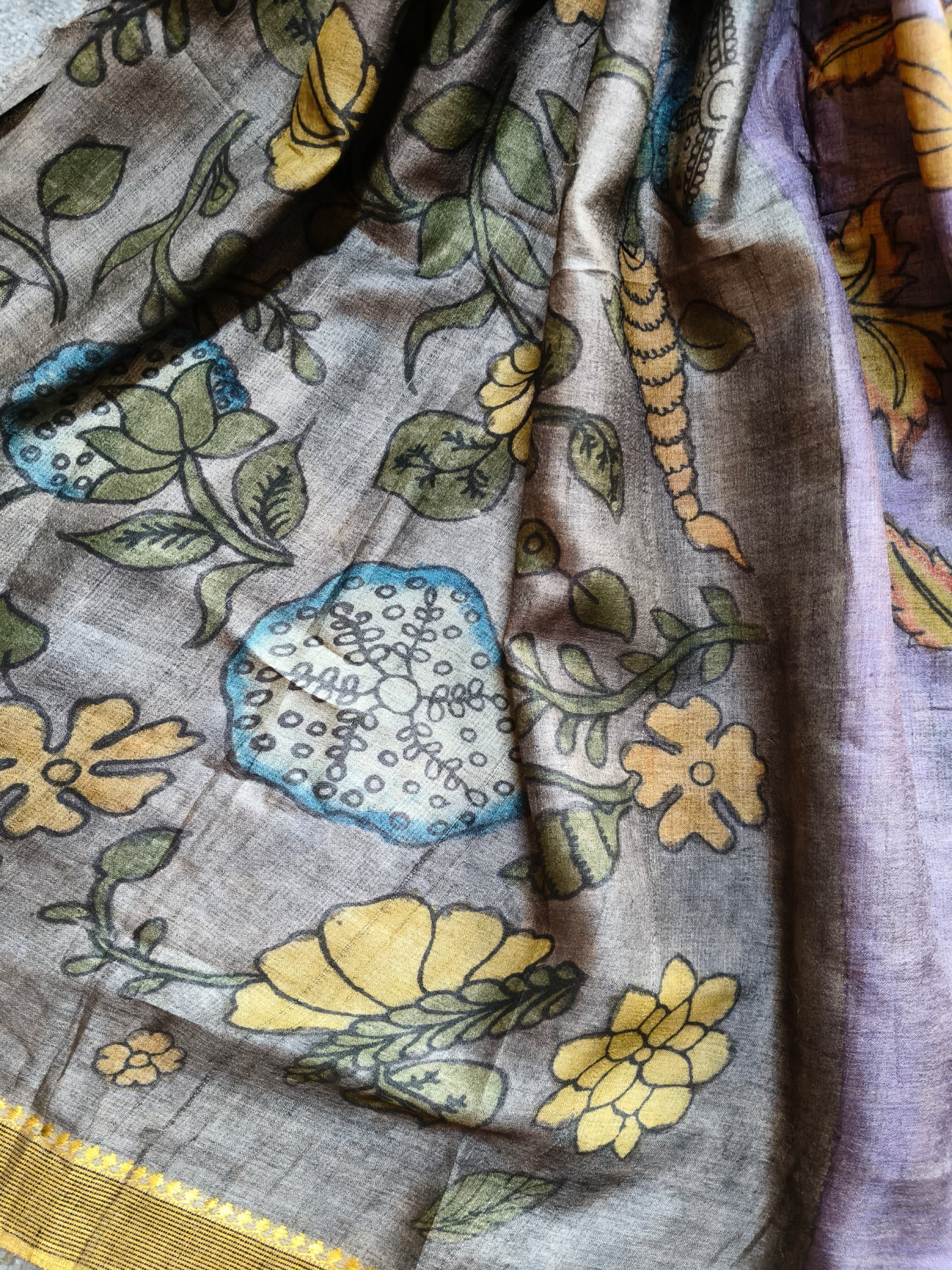 VIOLET TUSSAR SILK PURE HANDLOOM KALAMKARI SAREE