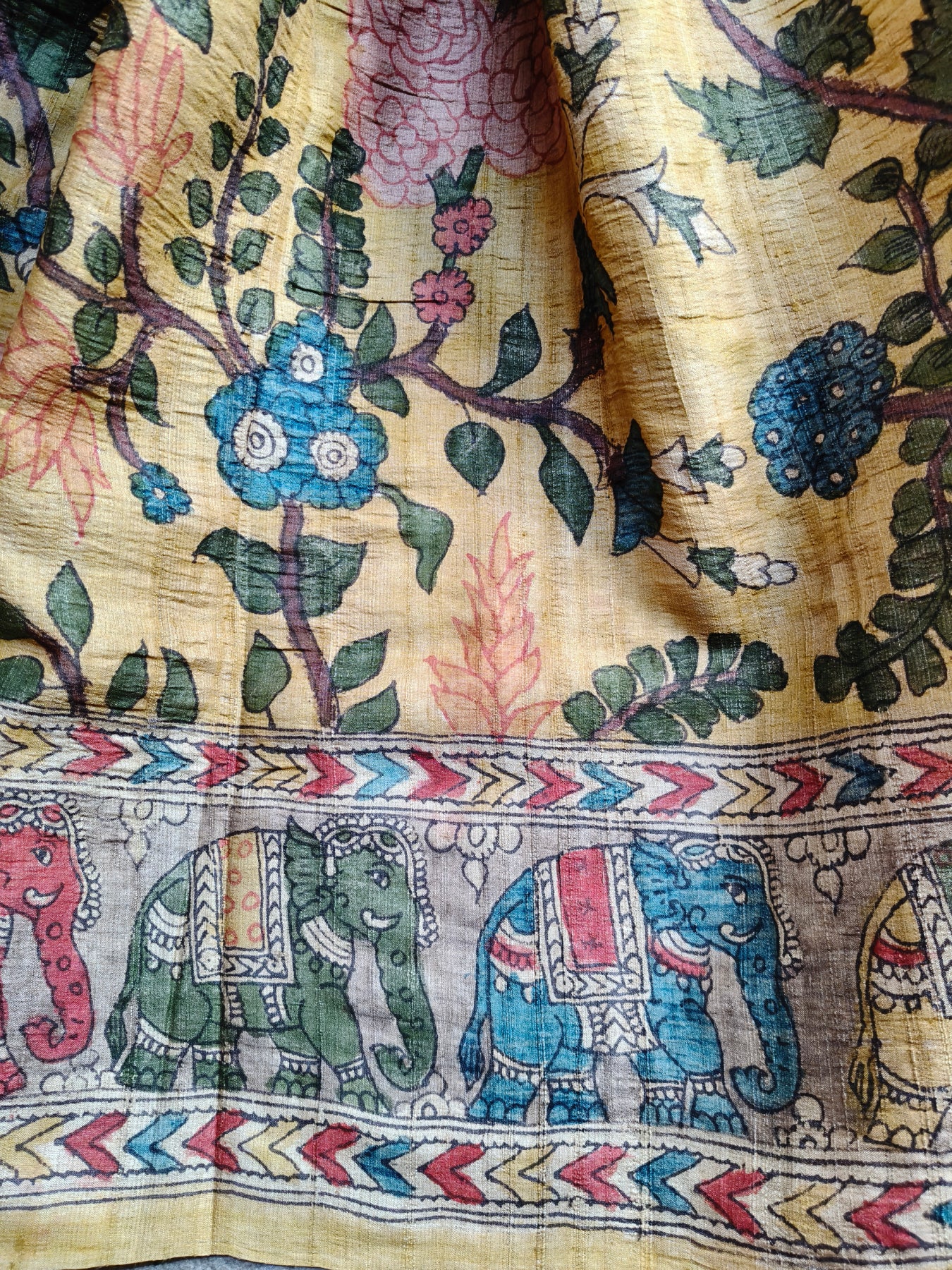 YELLOW TUSSAR SILK PURE HANDLOOM KALAMKARI SAREE