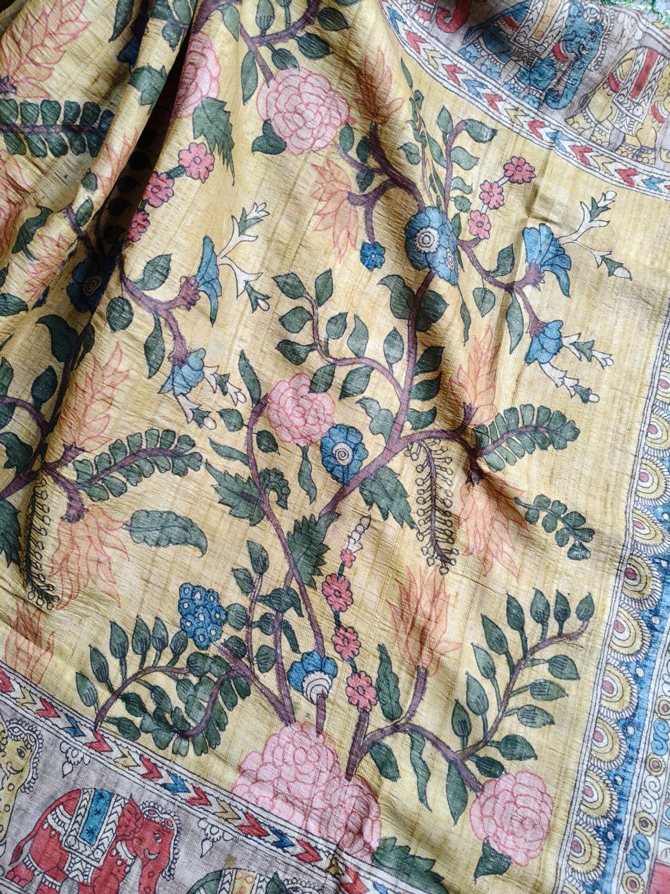 YELLOW TUSSAR SILK PURE HANDLOOM KALAMKARI SAREE