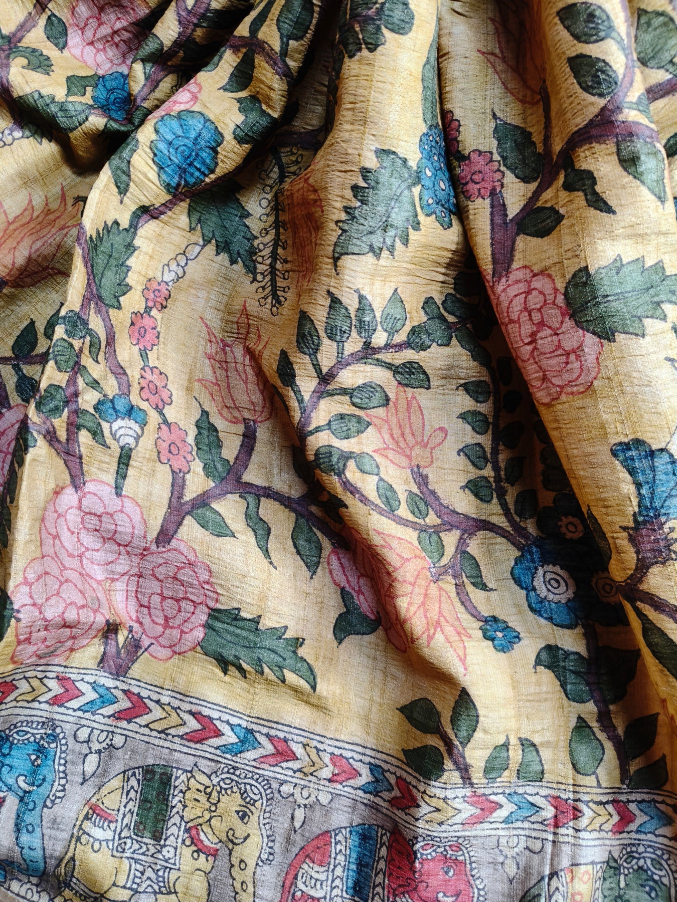 YELLOW TUSSAR SILK PURE HANDLOOM KALAMKARI SAREE