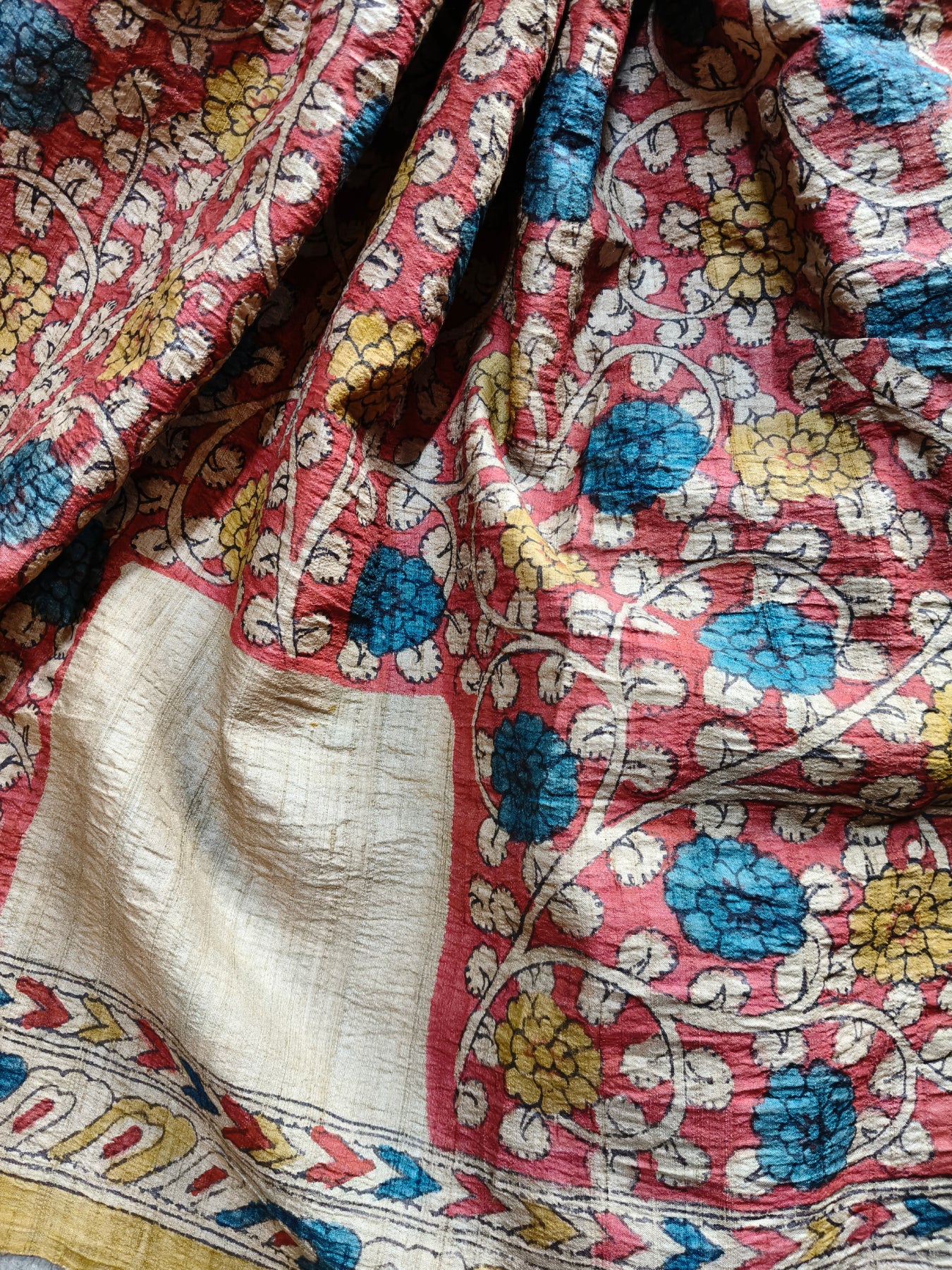 YELLOW TUSSAR SILK PURE HANDLOOM KALAMKARI SAREE