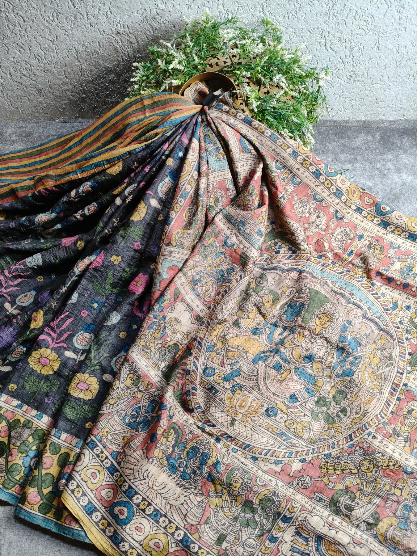 BLACK TUSSAR SILK PURE HANDLOOM KALAMKARI SAREE