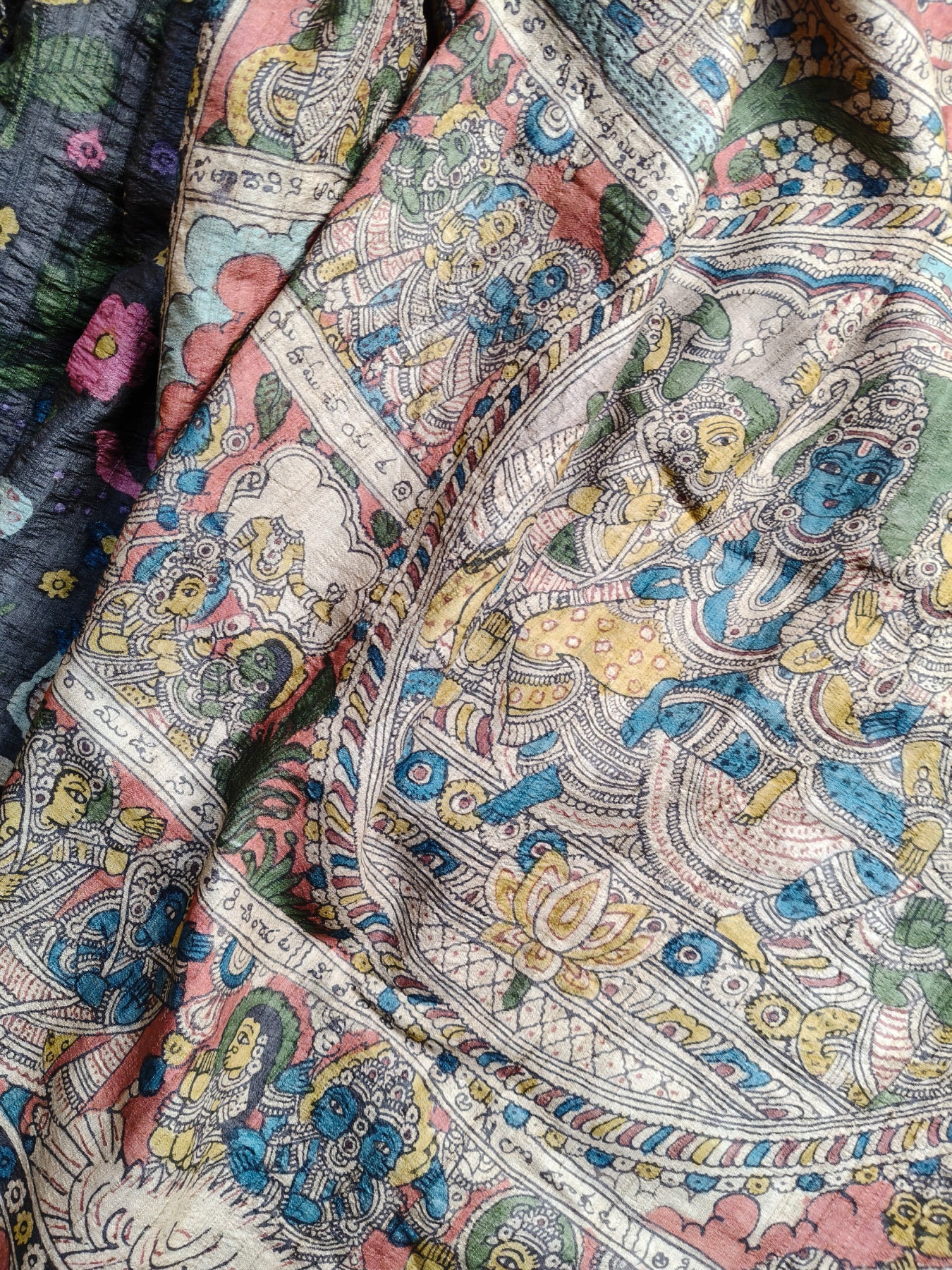 BLACK TUSSAR SILK PURE HANDLOOM KALAMKARI SAREE