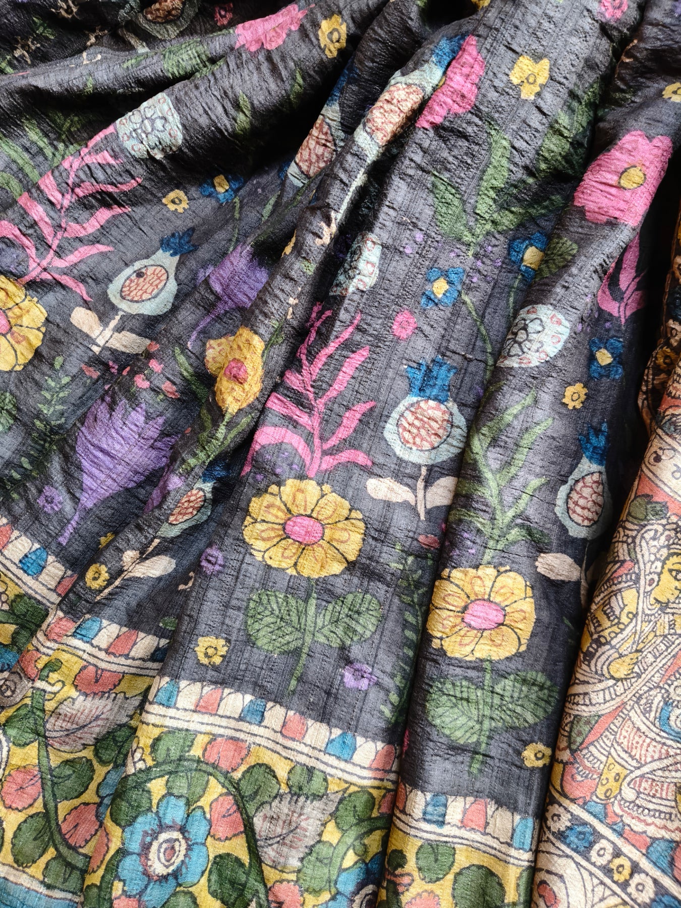 BLACK TUSSAR SILK PURE HANDLOOM KALAMKARI SAREE
