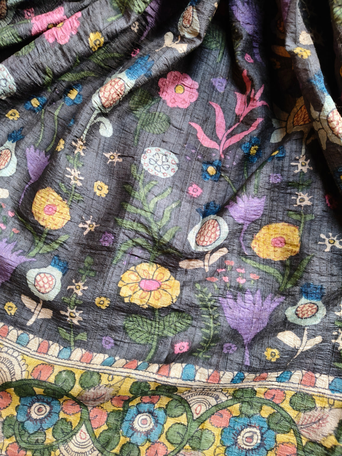 BLACK TUSSAR SILK PURE HANDLOOM KALAMKARI SAREE