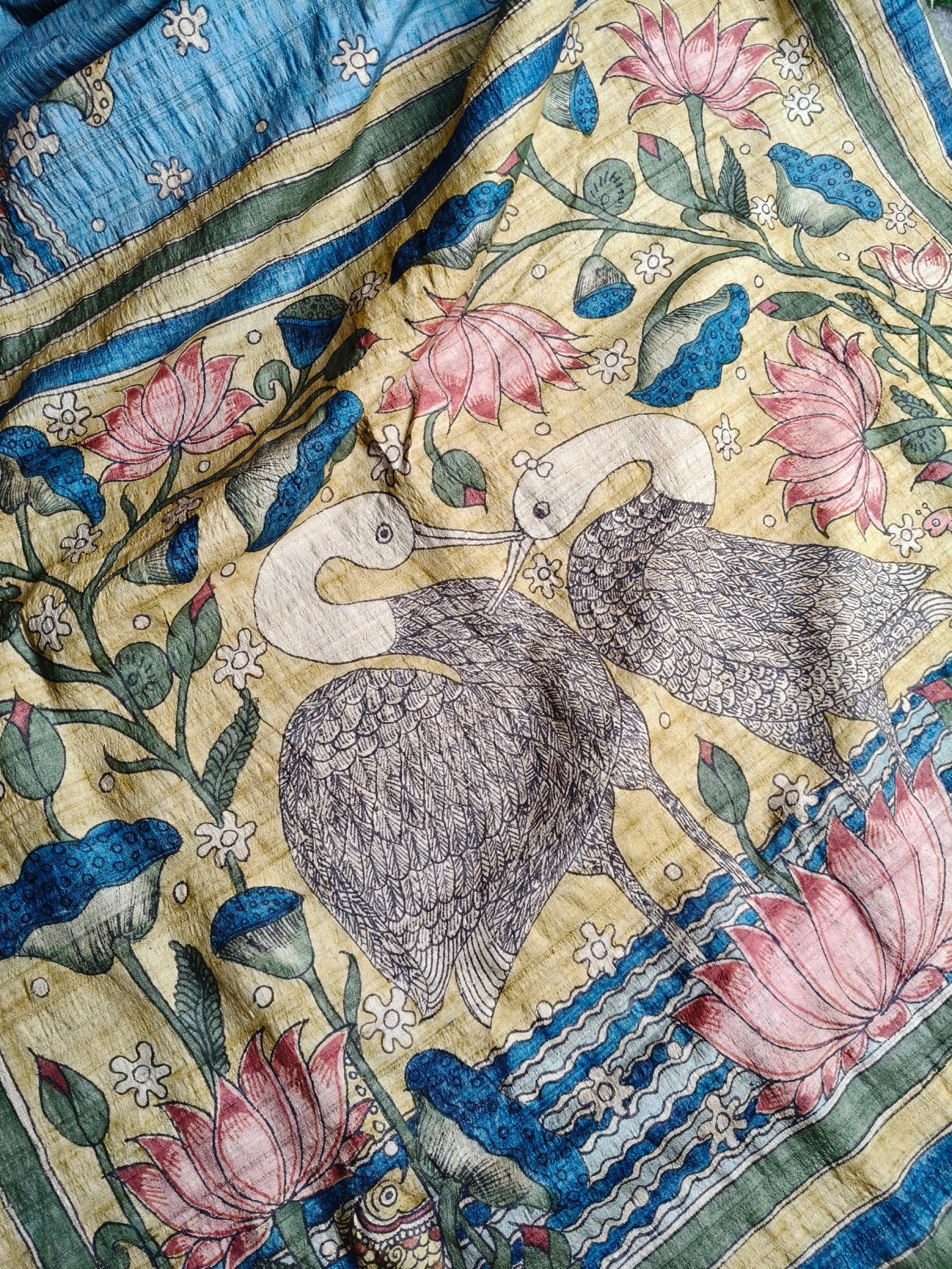 BLUE TUSSAR SILK PURE HANDLOOM KALAMKARI SAREE