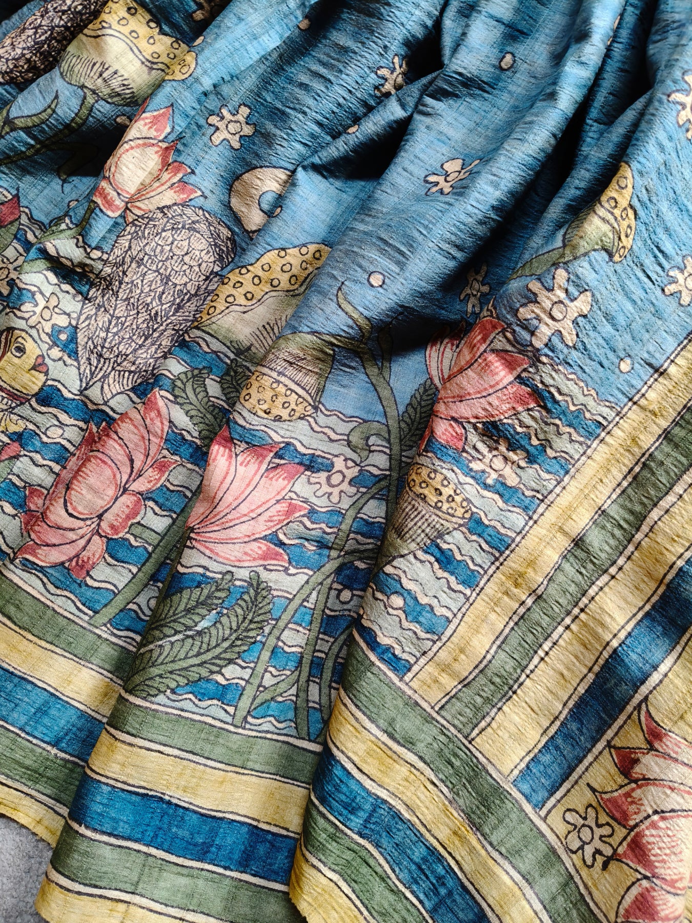 BLUE TUSSAR SILK PURE HANDLOOM KALAMKARI SAREE