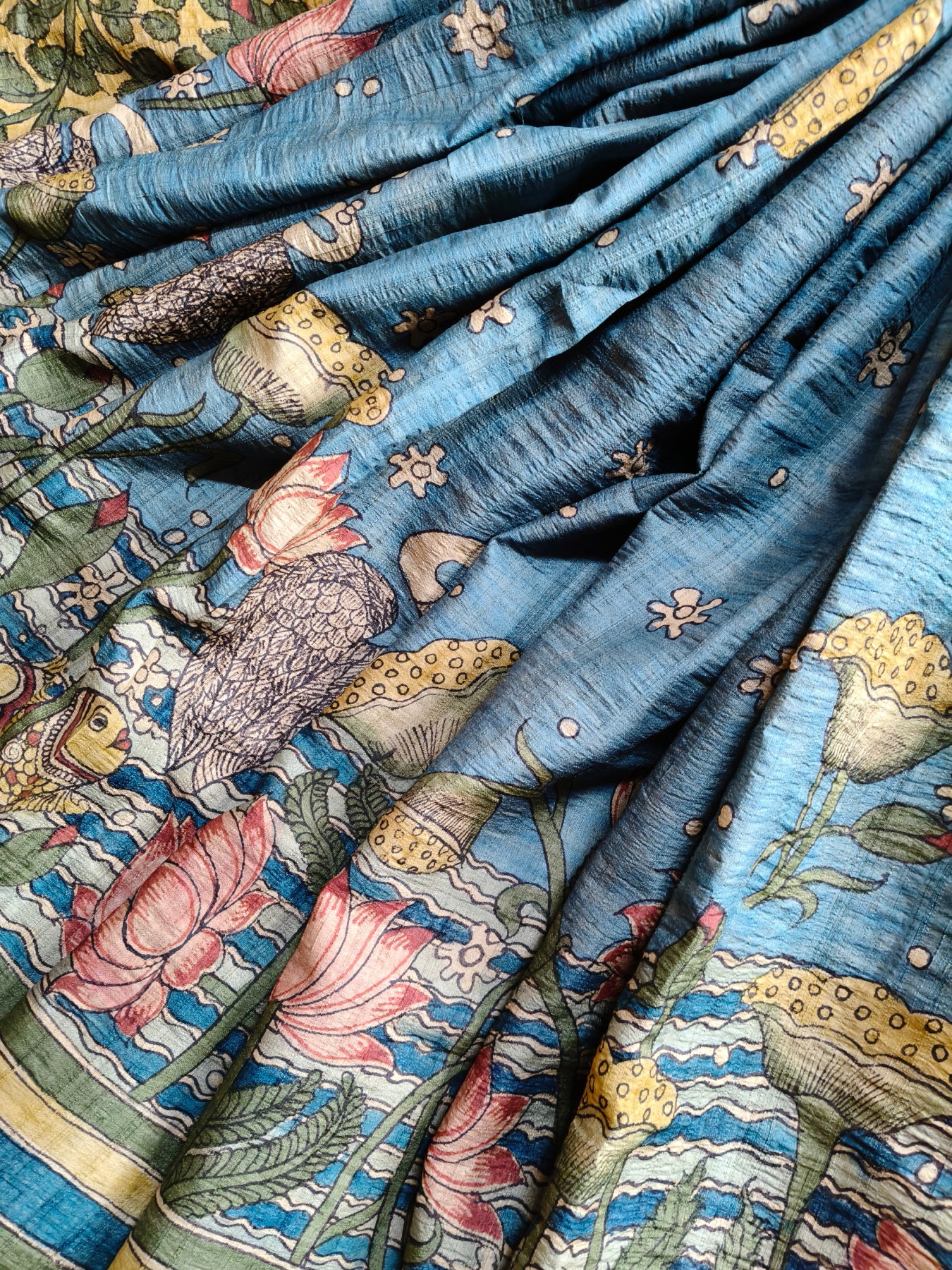BLUE TUSSAR SILK PURE HANDLOOM KALAMKARI SAREE
