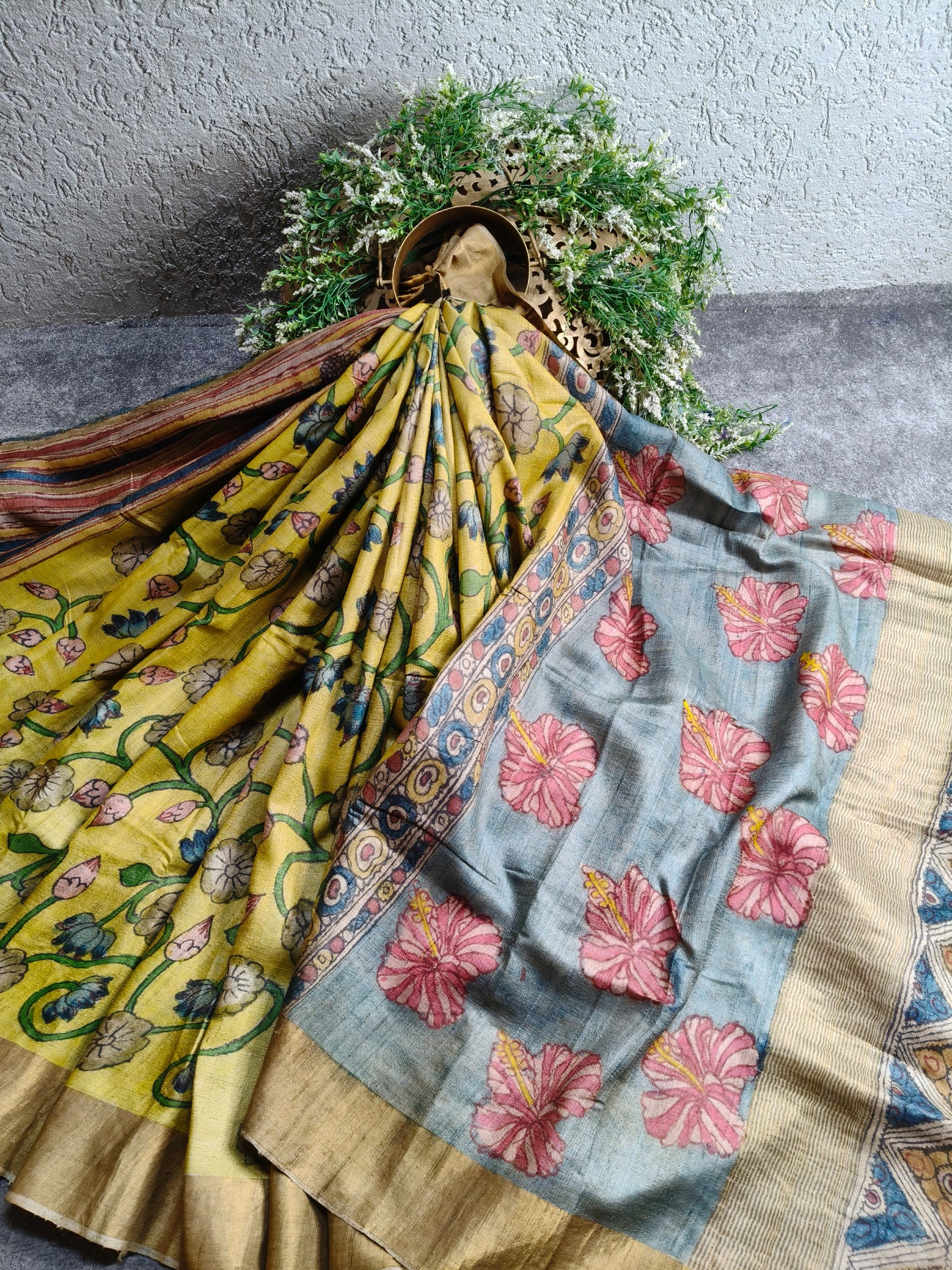 YELLOW TUSSAR SILK PURE HANDLOOM KALAMKARI SAREE