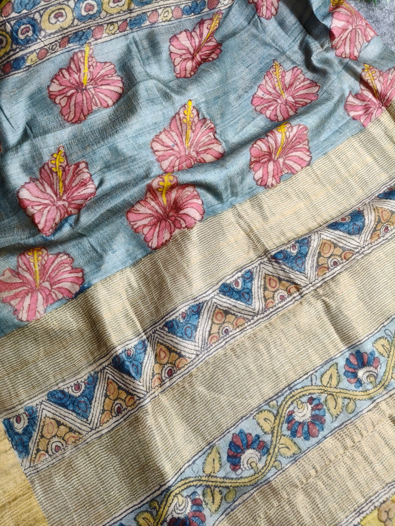 YELLOW TUSSAR SILK PURE HANDLOOM KALAMKARI SAREE
