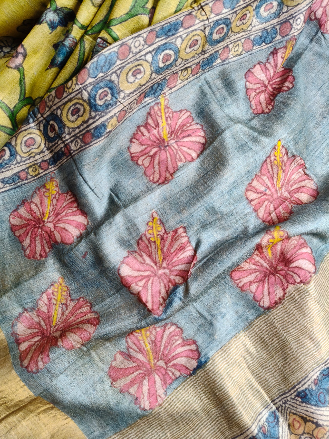 YELLOW TUSSAR SILK PURE HANDLOOM KALAMKARI SAREE