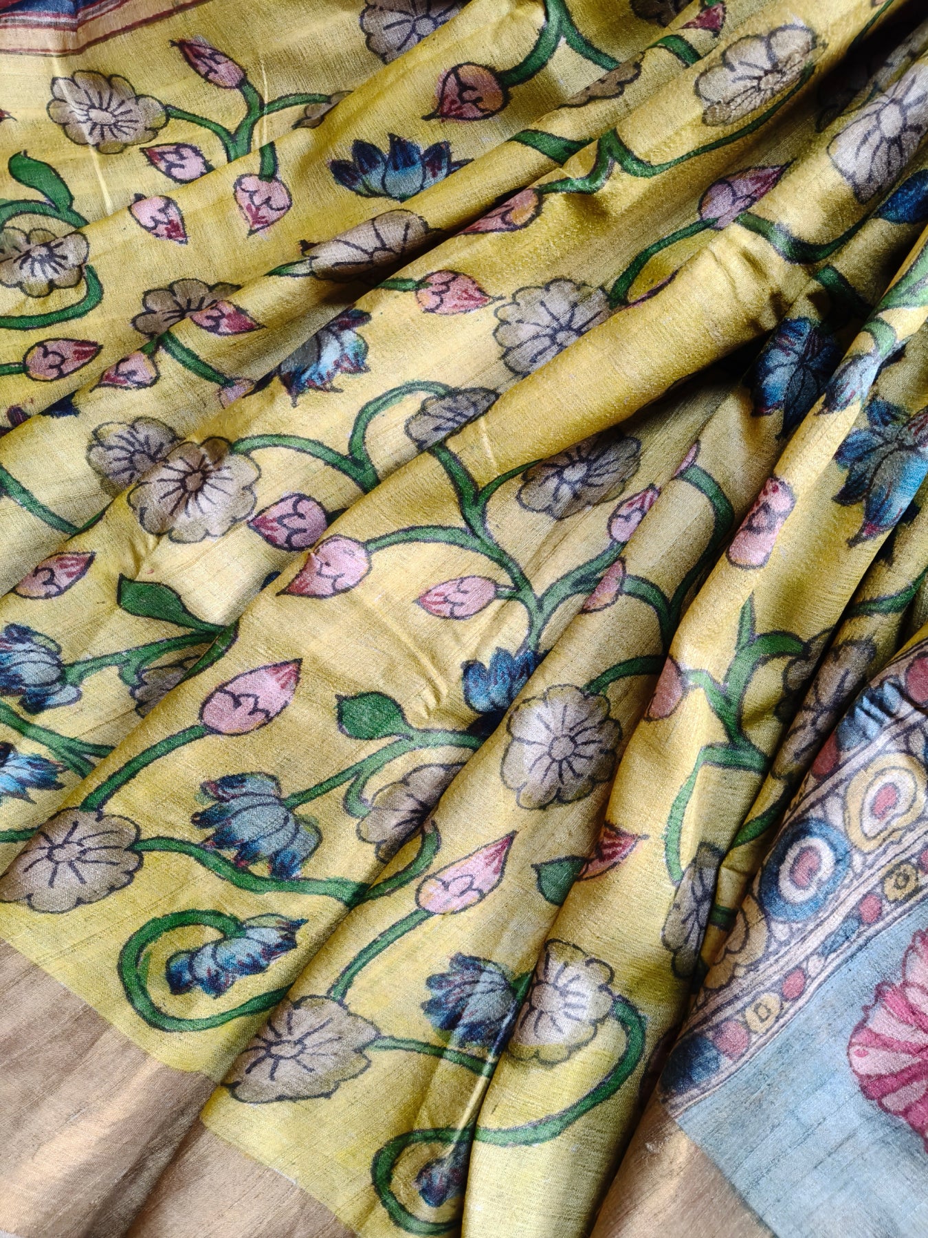 YELLOW TUSSAR SILK PURE HANDLOOM KALAMKARI SAREE