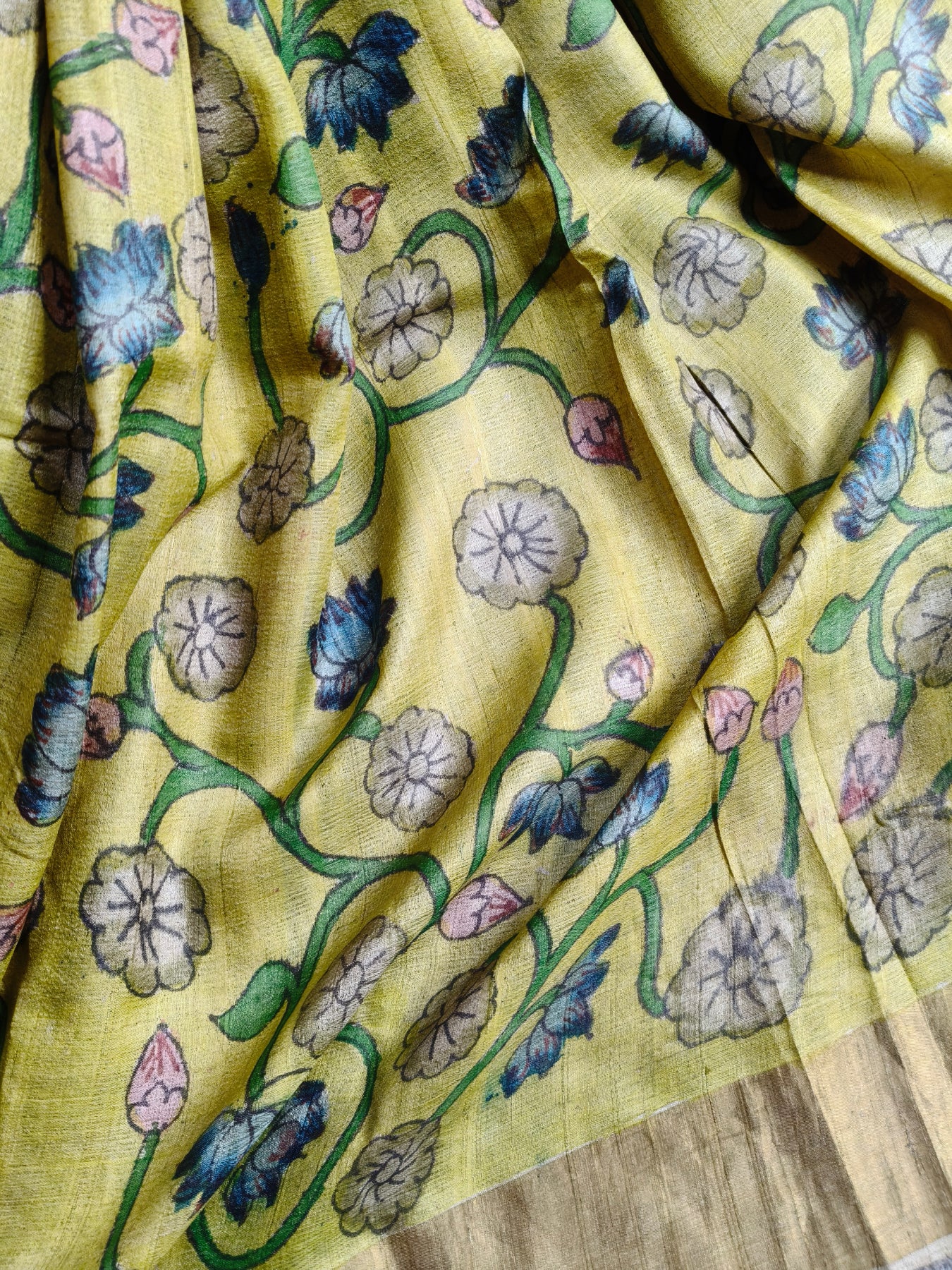 YELLOW TUSSAR SILK PURE HANDLOOM KALAMKARI SAREE