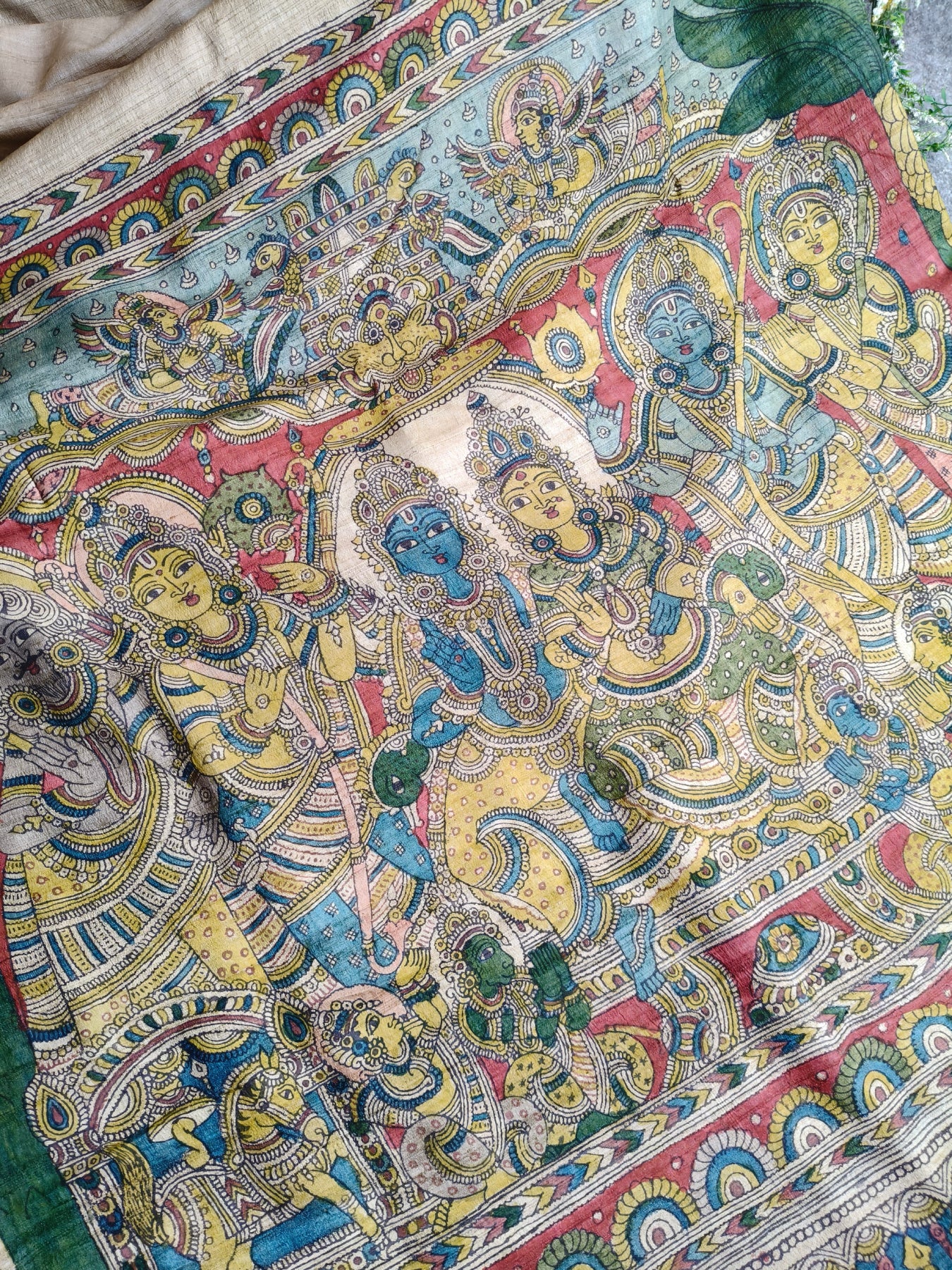 CREAM TUSSAR SILK PURE HANDLOOM KALAMKARI SAREE