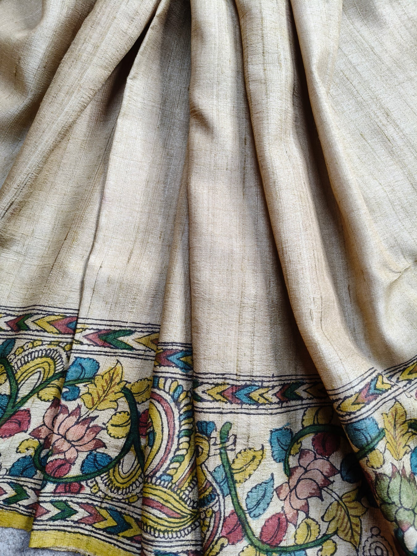 CREAM TUSSAR SILK PURE HANDLOOM KALAMKARI SAREE